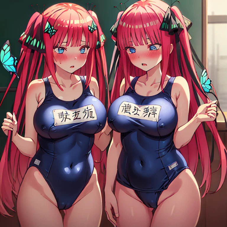 best quality, very aesthetic, Super detailed, best illustration, Dark blue one piece school swimsuit,bangs, pink_hair, blunt_bangs, hair_ornament, butterfly_hair_ornament, ribbon, black_ribbon, blue_eyes, blush, hair_ribbon, twintails, long_hair, 全身図, nsfw