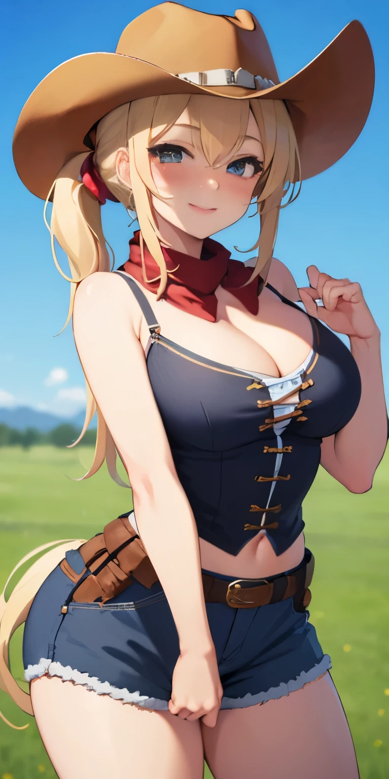 (Best quality:1.3), blonde ponytail busty, tight camisole, shorts, standing, cleavage, (pov, close shot), smiling, blushing:1.3, cowgirl outfit, cowboy, cowboy hat, field background 