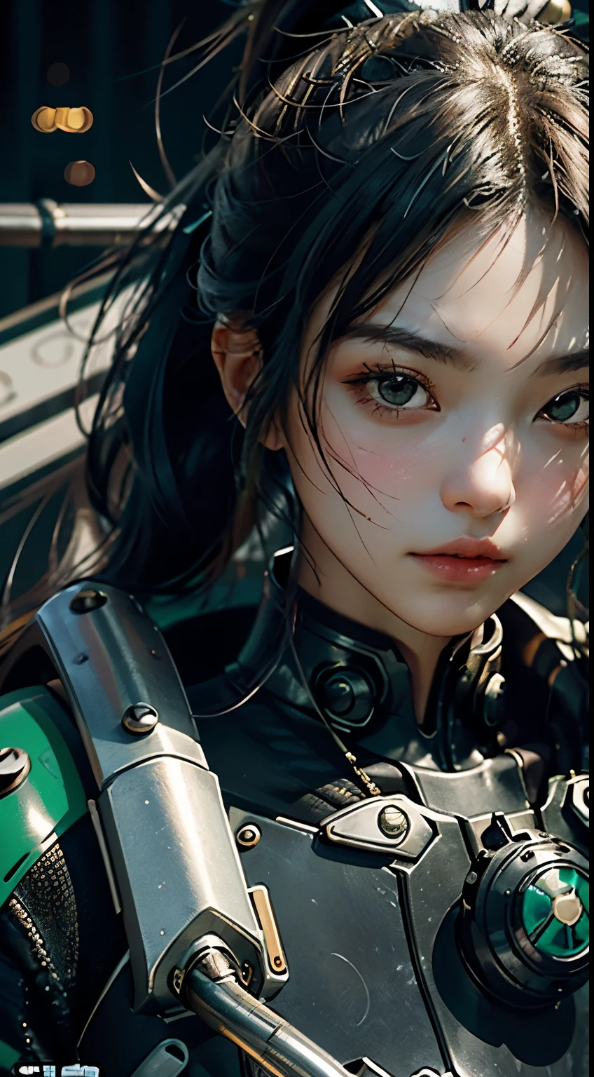 Highest quality、Outstanding details、ultra high definition、(reality:1.4)、best illustrations、prefer details、Highly concentrated 1girl、Exquisite and beautiful face、Wearing black and green mecha、wearing a mech helmet、Riding a black motorcycle、The background the light scene of Dotonbori, Osaka。Glico's signature、High exposure in gold and silver Spider-Man costume、lower ponytail、