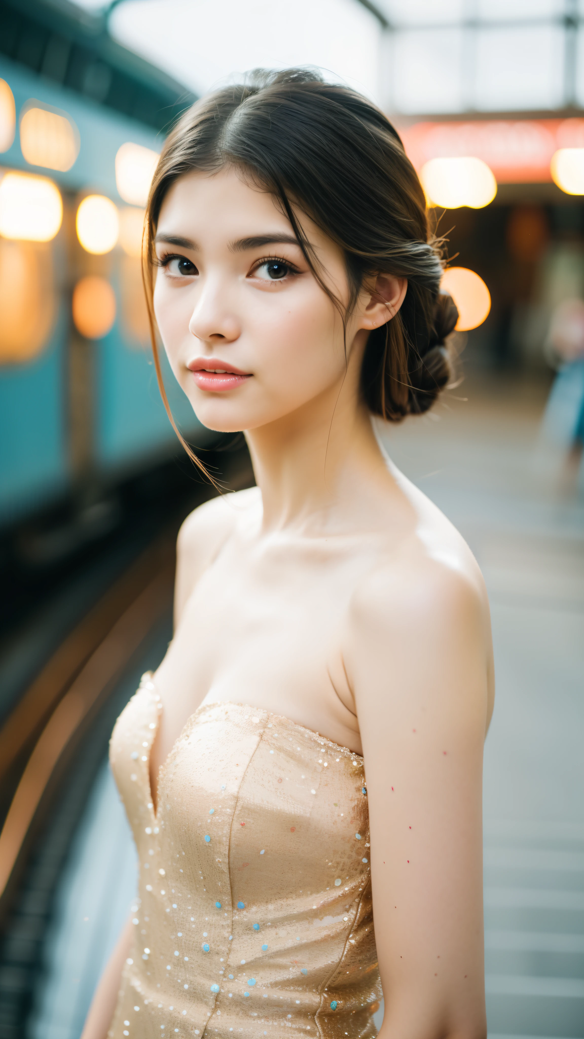 Cinematic Photo of a beautiful young girl fashion model bokeh train, ((long eyelashes)), ((body photo))