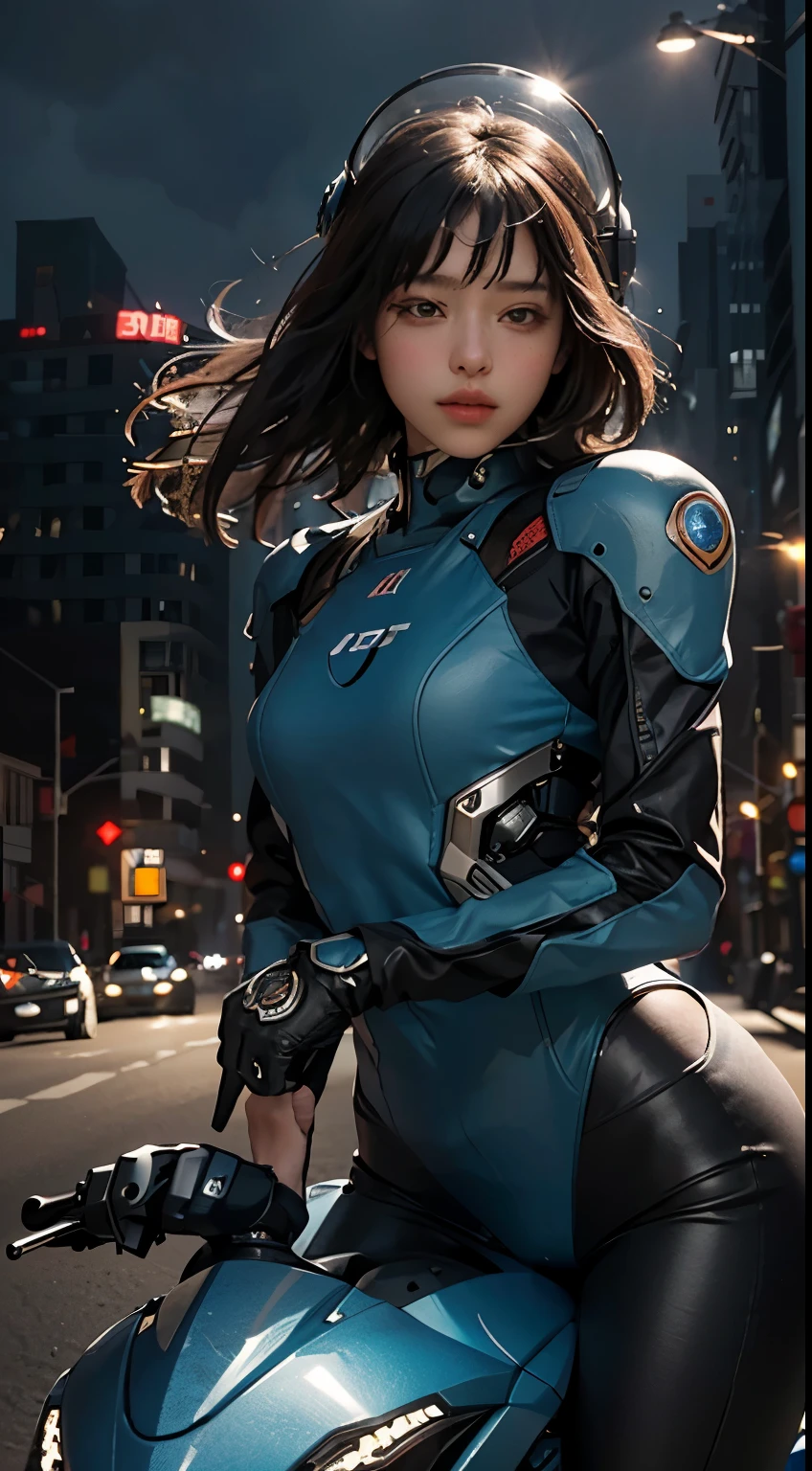 ((best quality)), ((masterpiece)), (detail: 1.4), ultra high resolution, (authenticity: 1.4), Best Illustration, Favor details, Highly cohesive 1Girl, Has a delicate and beautiful face, Wearing blue mecha, wearing a mech helmet, holding direction, riding a motorcycle, The background a high-tech lighting scene of a futuristic city.