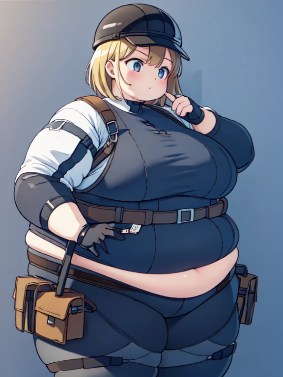 Massively Obese tactical engineer girl, fat rolls, body armor, short hair, brown eyes, (bodysuit):1.3, tool belt, obese belly, pudgy, (hardhat):1.3, extremely chubby, BREAK plain white flat background,