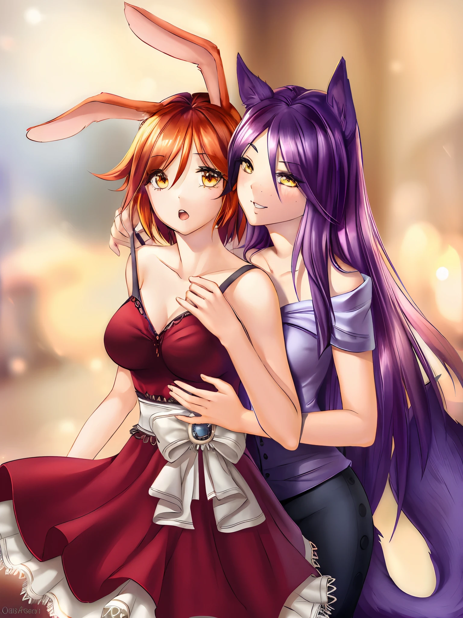 anime characters dressed in bunny ears and hugging dresses, two beautiful garotas de anime, estilo de anime ecchi, nixeu e sakimichan, Ahri, estilo de arte de anime realista, no estilo anime, garotas de anime, epic anime style, com orelhas de coelho, arte digital de anime!!, anime em estilo fantasia, commission for high resolution, com grandes orelhas de coelho