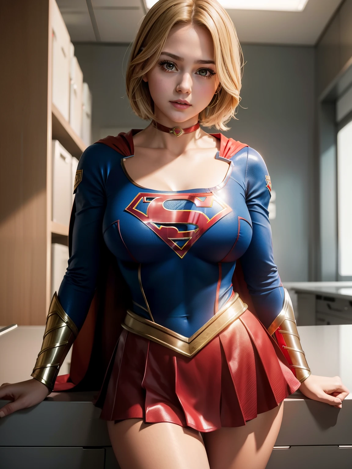 masterpiece,supergirl costume, short hair, barefoot, big and full breasts,Research room、operating table、straddle、damaged、shiny、looking at camera、Seduce、choker、long sleeve、red short mini skirt、sexy pose