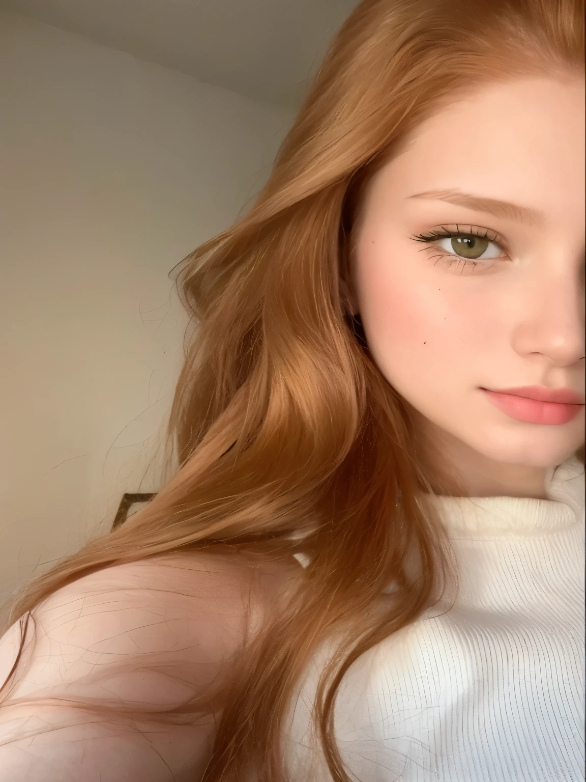 There's a woman with long red hair taking a selfie, pia sadie, com cabelos ruivos e olhos verdes, menina de 19 anos, taken at the beginning of 2020, ela tem cabelo ruivo, 18 anos de idade, pale and glowing skin, cabelo ruivo com sardas, linda jovem ruiva, natural soft pale skin, 1 6 anos