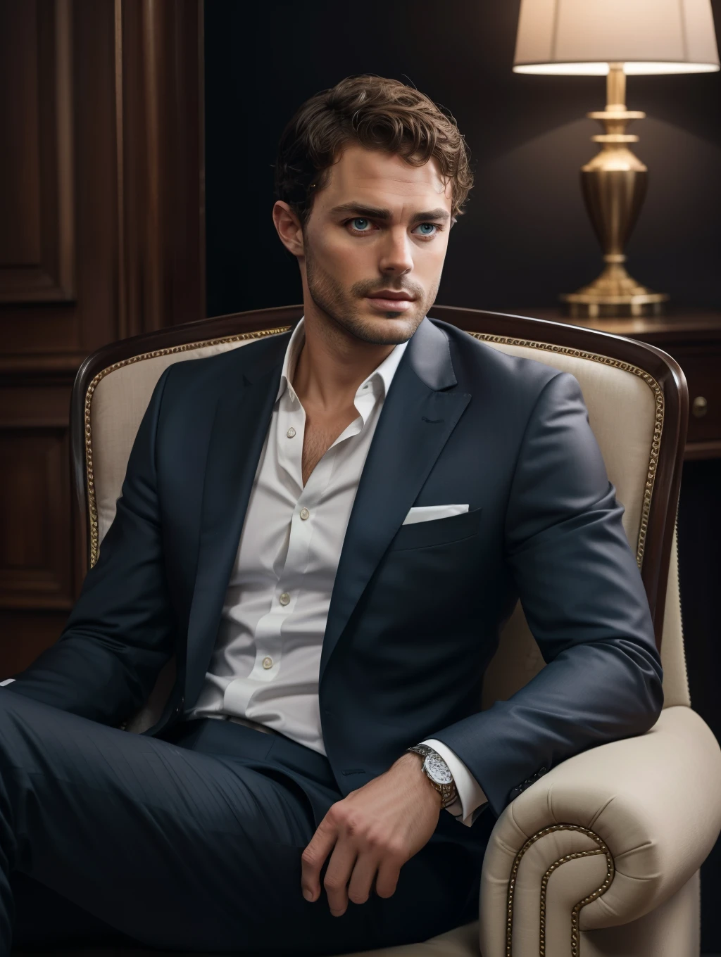 christian grey,A professional photographic image of A handsome business man sitting comfortably in the armchair, wearing a sophisticated dark suit, looking directly at the camera, highlighting his expressive face and his elegance, highly detailed, elegant, DSLR, canon, pinterest, artstation, smooth, sharp focus, 8k,full shot, 105mm portrait lens,