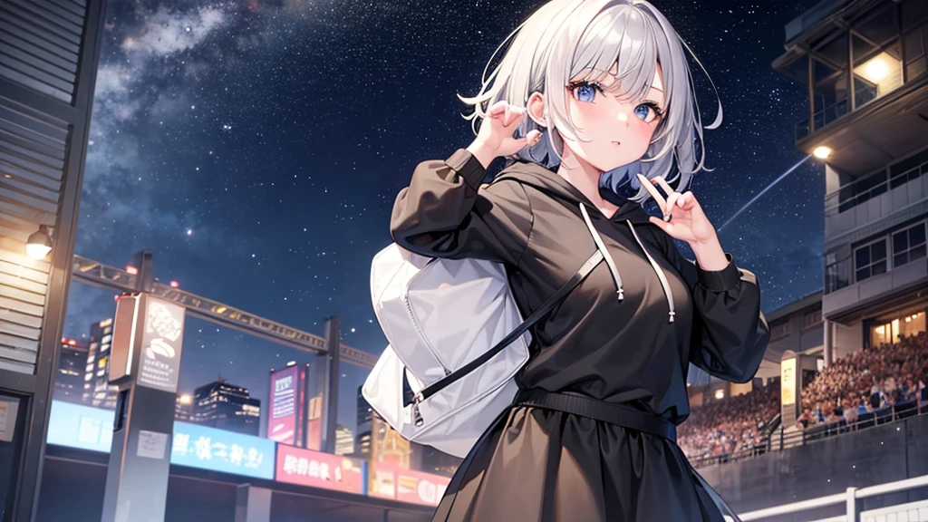 super high quality,look at the audience, place your hands behind your back, with a girl, 20-year-old, とてもshort hair, long bangs between the eyes, pale blue eyes, hoodie, skirt , very detailed,(masterpiece、highest quality)、alone、gray hair、laughter、White skin as clear as snow、fantasy, silver hair, black eye, beautiful eyes,, ecstasy, attractive, be smitten with audience, hoodie, 白いhoodie,黒いskirt,short hair,fantastic scenery,night、seaside、starry skies、Close-up、big breasts
