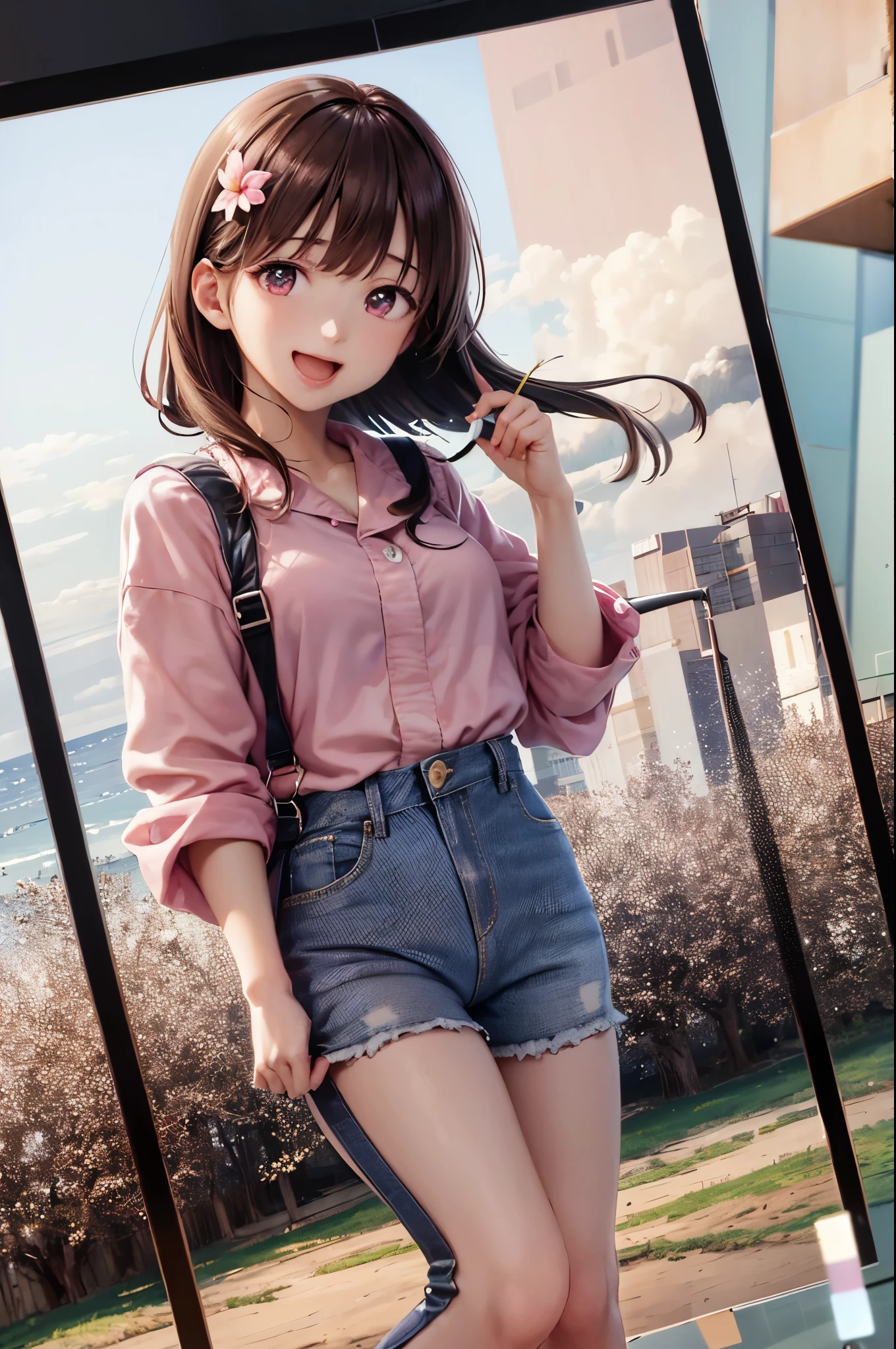 masterpiece,best quality, 1 girl,alone,Urarakaharu,Coveralls,Integral shorts,flower-shaped pupil,Change,Pink shirt,holding ice cream,(ponytail:0.6),Smile,open mouth,cloudy, 