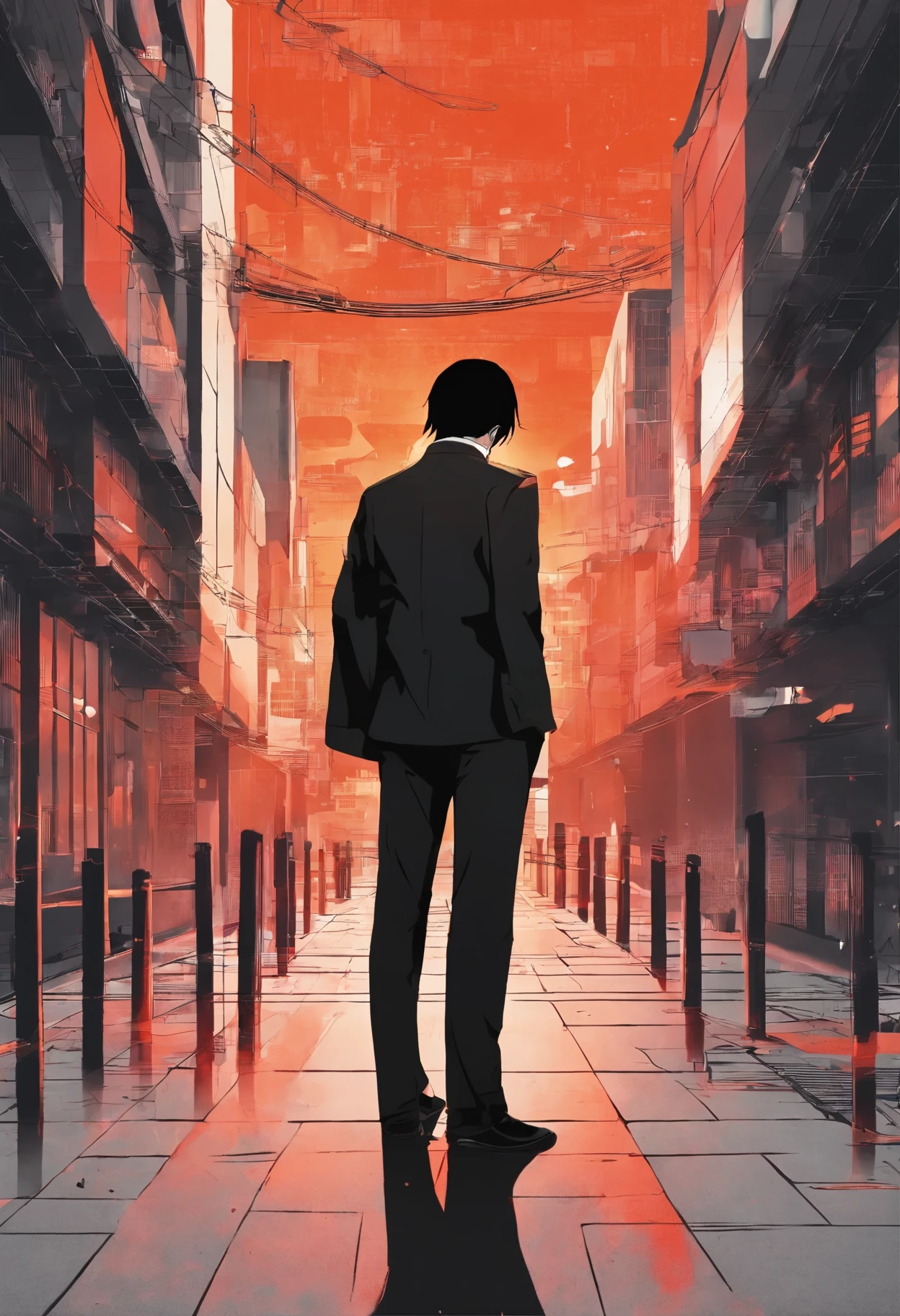 A person standed in Ballcany hands in pocket, story explaination; A Hand Held camera move from Black wall to the person (BCG Blur) [circle lens Blur), And Person look Behind a bit, with a Evil smile, and red (glowing) eyes. (sharp vampire teeth) 1. Buildings 3. Landscape: Sunset [orange] 3. Flare; Haze flares 4. Composition: Parallax PNG'S] 5-Costume [Black Suite] "John Wick" inspired everything" "separated layers à