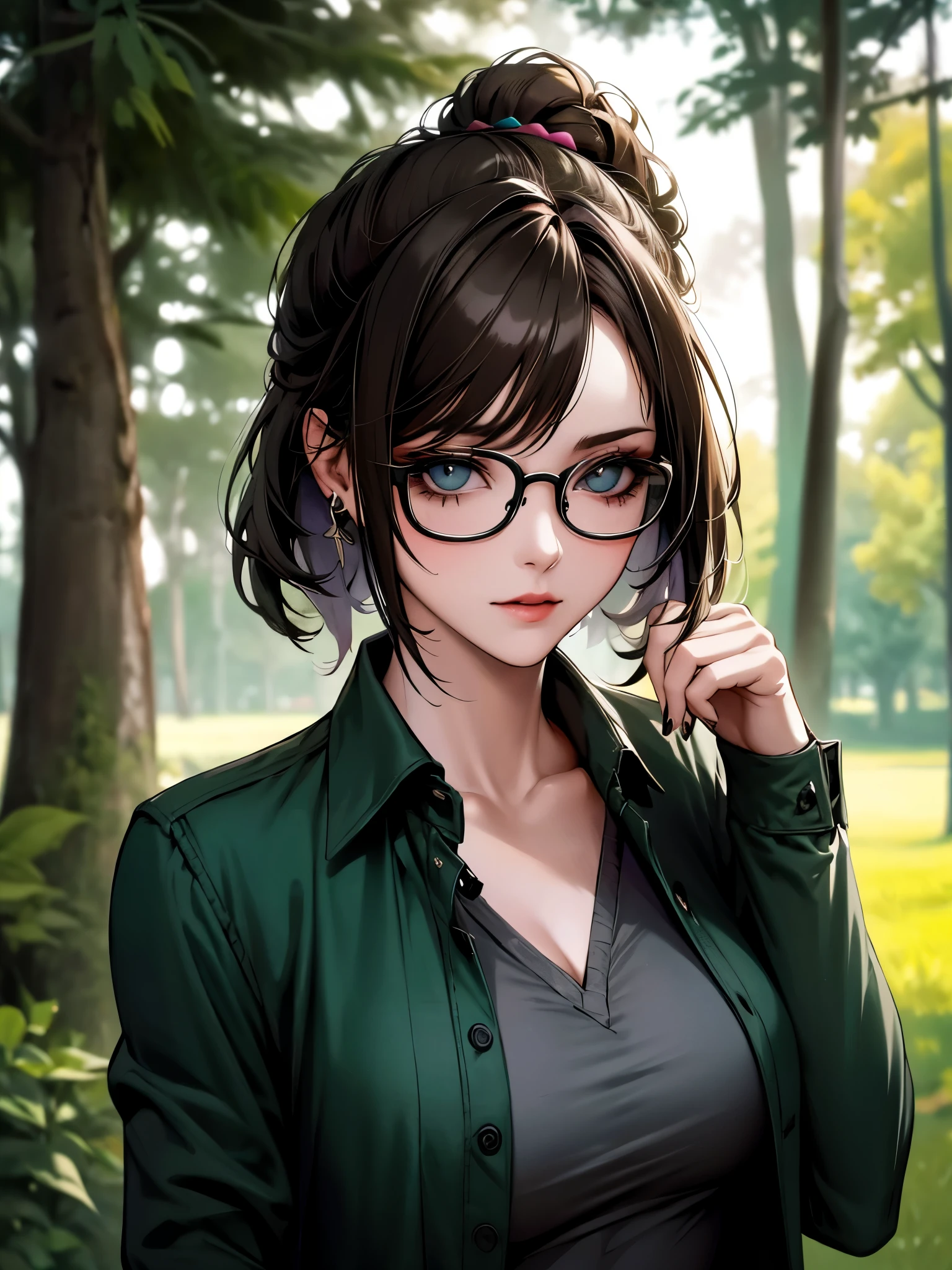 Young Woman, mine camp, bunkers, 8K UHD, radiance, dark green, brown, sun, leonardo, puma, open jacket, nude, sunglasses, photographic detailed, saturation, forest, collision trucks, collision jets, full color, portrait