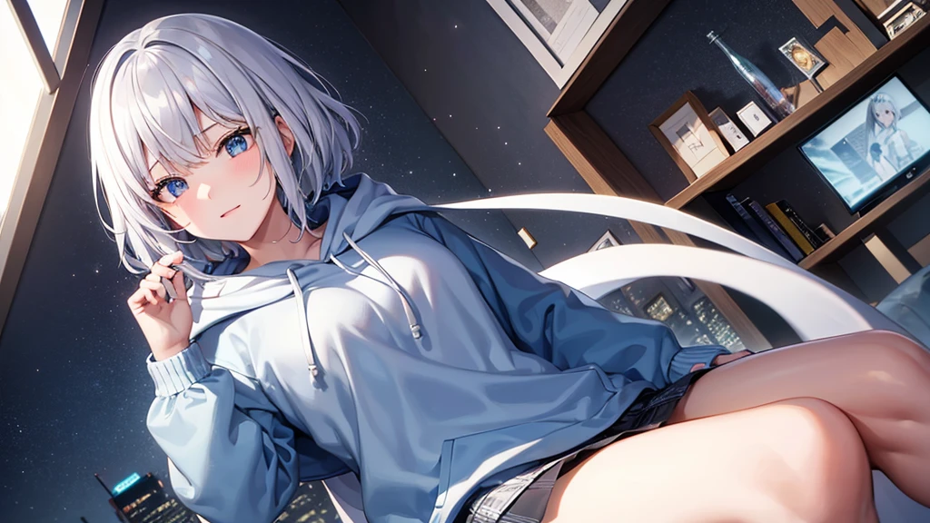 super high quality,look at the audience, place your hands behind your back, with a girl, 20-year-old, とてもshort hair, long bangs between the eyes, pale blue eyes, hoodie, skirt , blue sky, sunlight, very detailed,(masterpiece、highest quality)、alone、gray hair、laughter、White skin as clear as snow、fantasy, silver hair, black eye, beautiful eyes,, ecstasy, attractive, be smitten with audience, hoodie, 白いhoodie,黒いskirt,short hair,blue sky , sunlight,fantasyな風景,looking down from above、Close-up