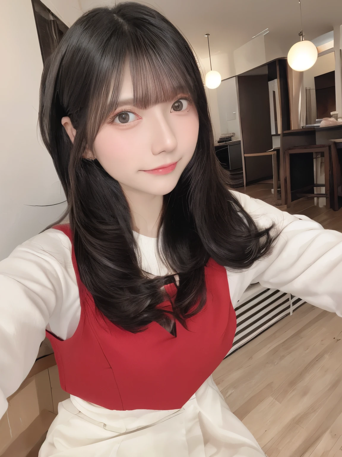 top-quality、masutepiece、2 Masterpiece Girls、red blush、Red cheekine makeup、Yandere Imageormal attire in black、dark circles under the eyes、cabelos preto e longos、《Nice and clean room.》
