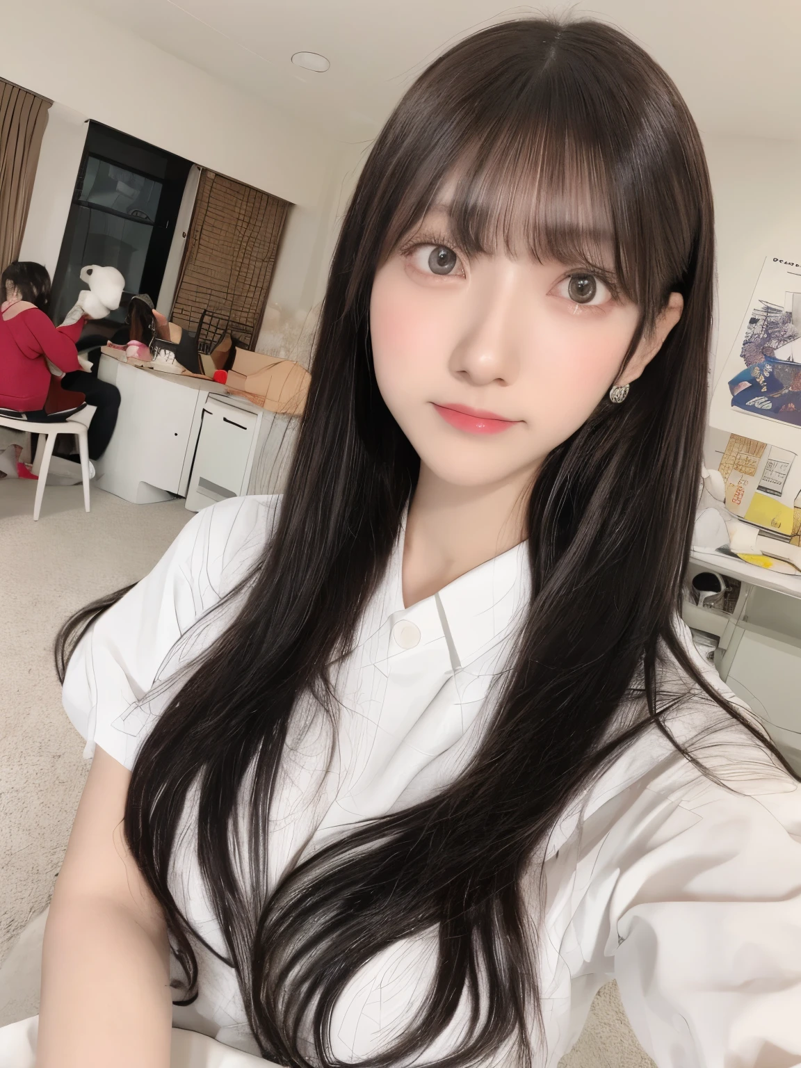 top-quality、masutepiece、2 Masterpiece Girls、red blush、Red cheekine makeup、Yandere Imageormal attire in black、dark circles under the eyes、cabelos preto e longos、《Nice and clean room.》