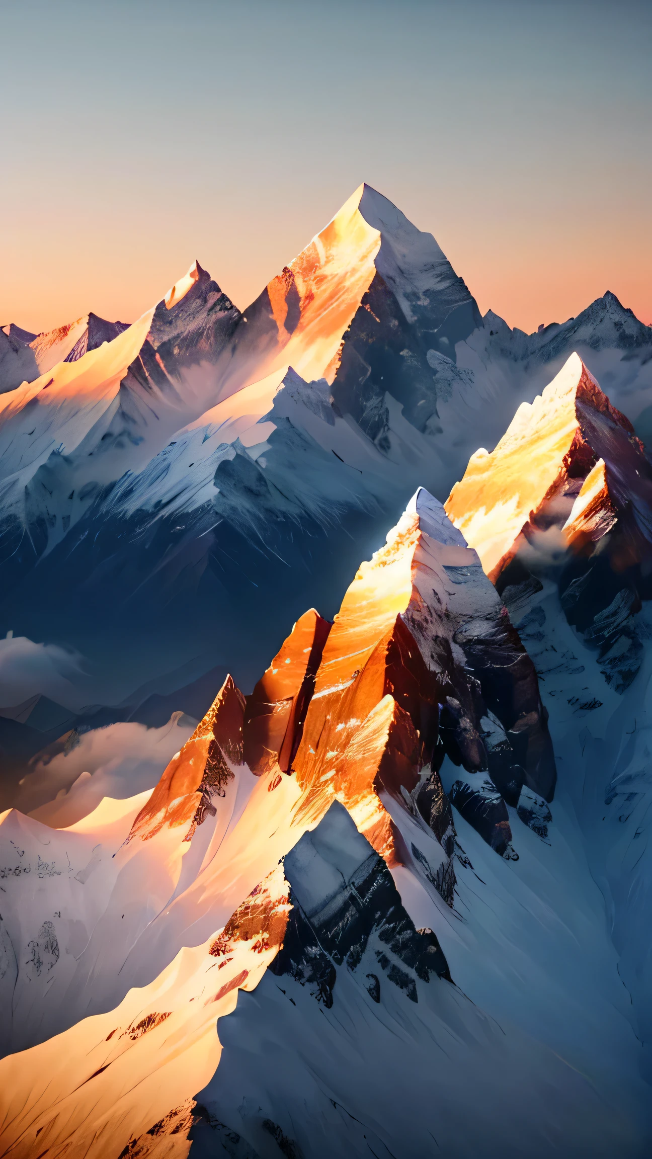 A beautiful sunrise on the mountains of the Himalayas , snowy peaks shining due to early sunlight, 8 K, high quality, ultra detail image