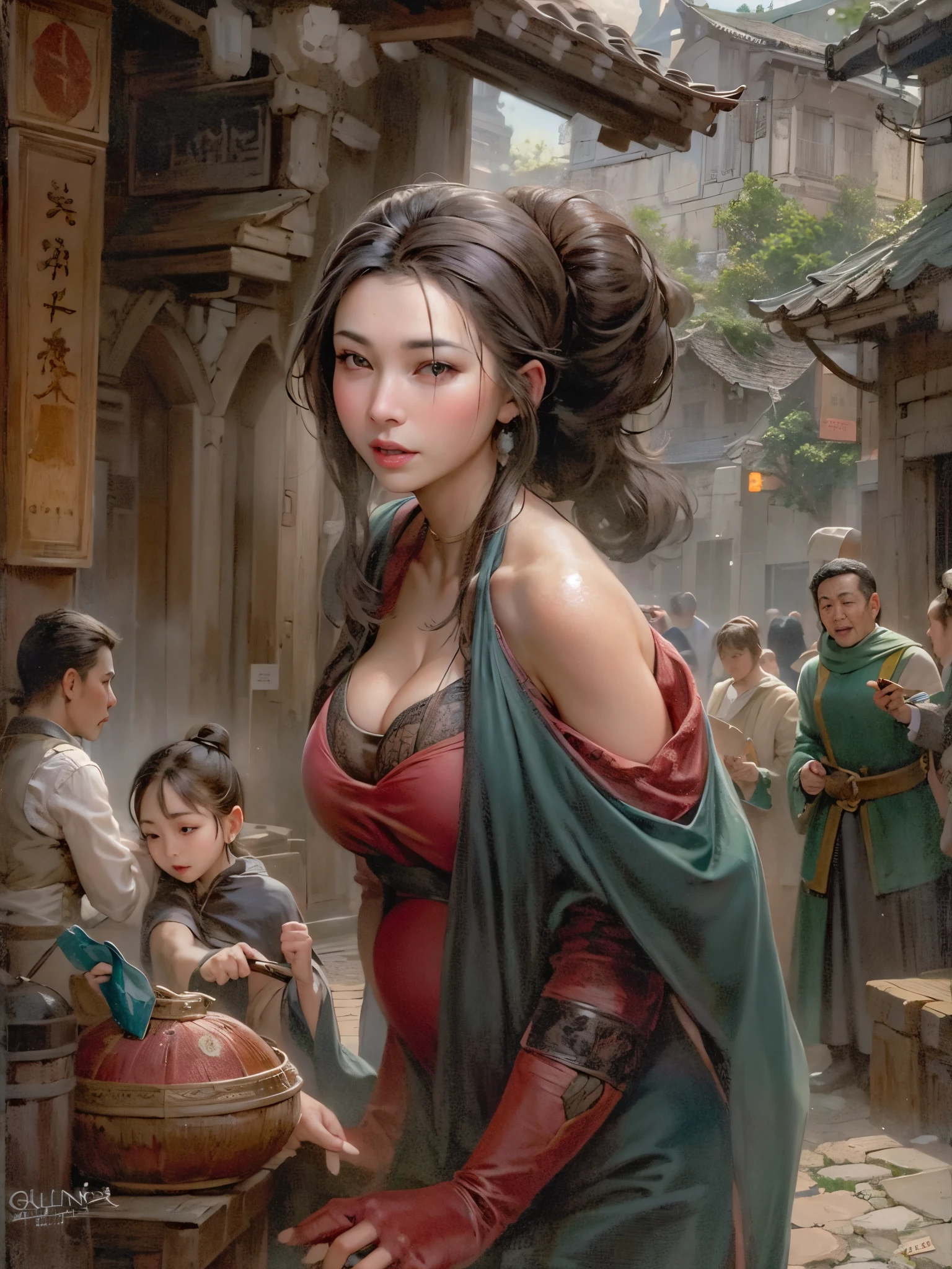 woman, huge, thin lips, naughty face, medieval city, Baiyun, maternal love, pontiac