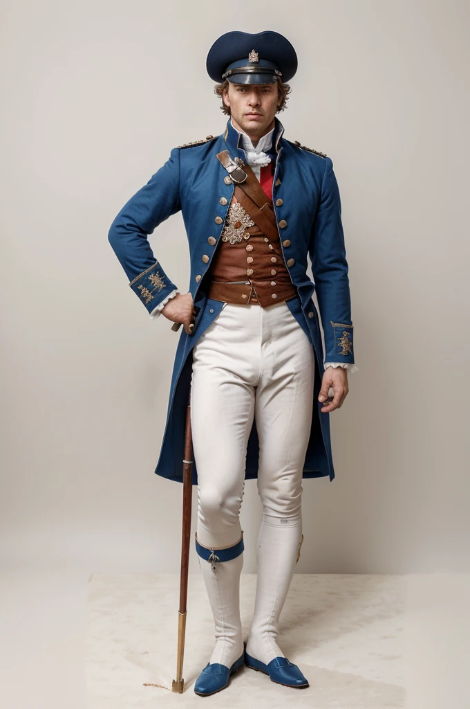 dutch company troops in a blue jacket and white pants with a cane, warfare background, epic warfare, fighting, brave, epic, napoleonic, 1 8 th century style, general uniform, officers uniform, a 18th century, regency-era, full uniform, full dress uniform, high res, ultrasharp, 8K, masterpiece
