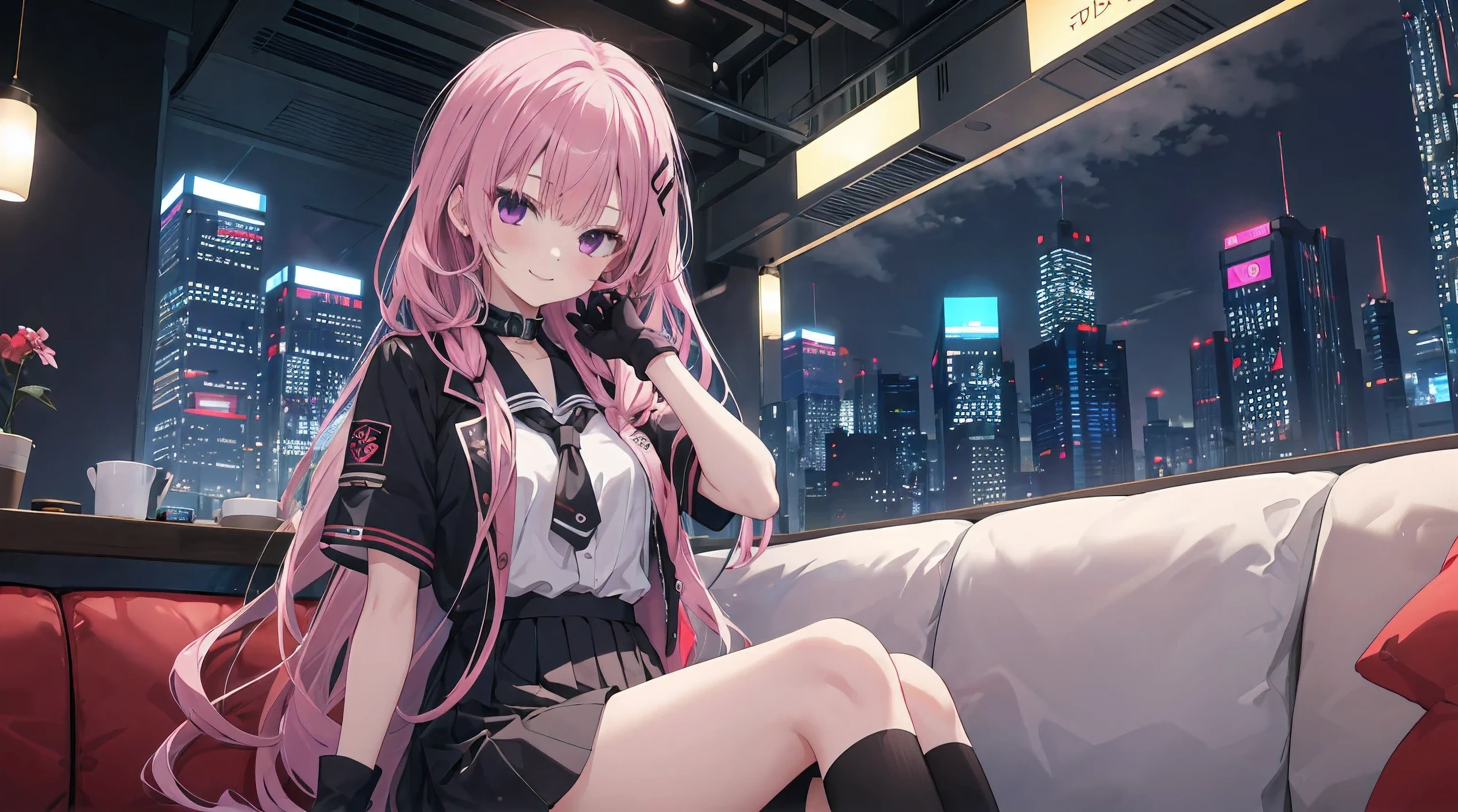 a girl，solo，Long pink hair，gentle，Smile，Medium-hair long，dishiveredhair，short sleeves，short sleeves游戏服，black skirt，black gloves，cyberpunk characters,night, night city background，Digital punk, anime style 4k, Sitting on the sofa，indoors，In the restaurant，black stockingitsukasa ayase、character-centered