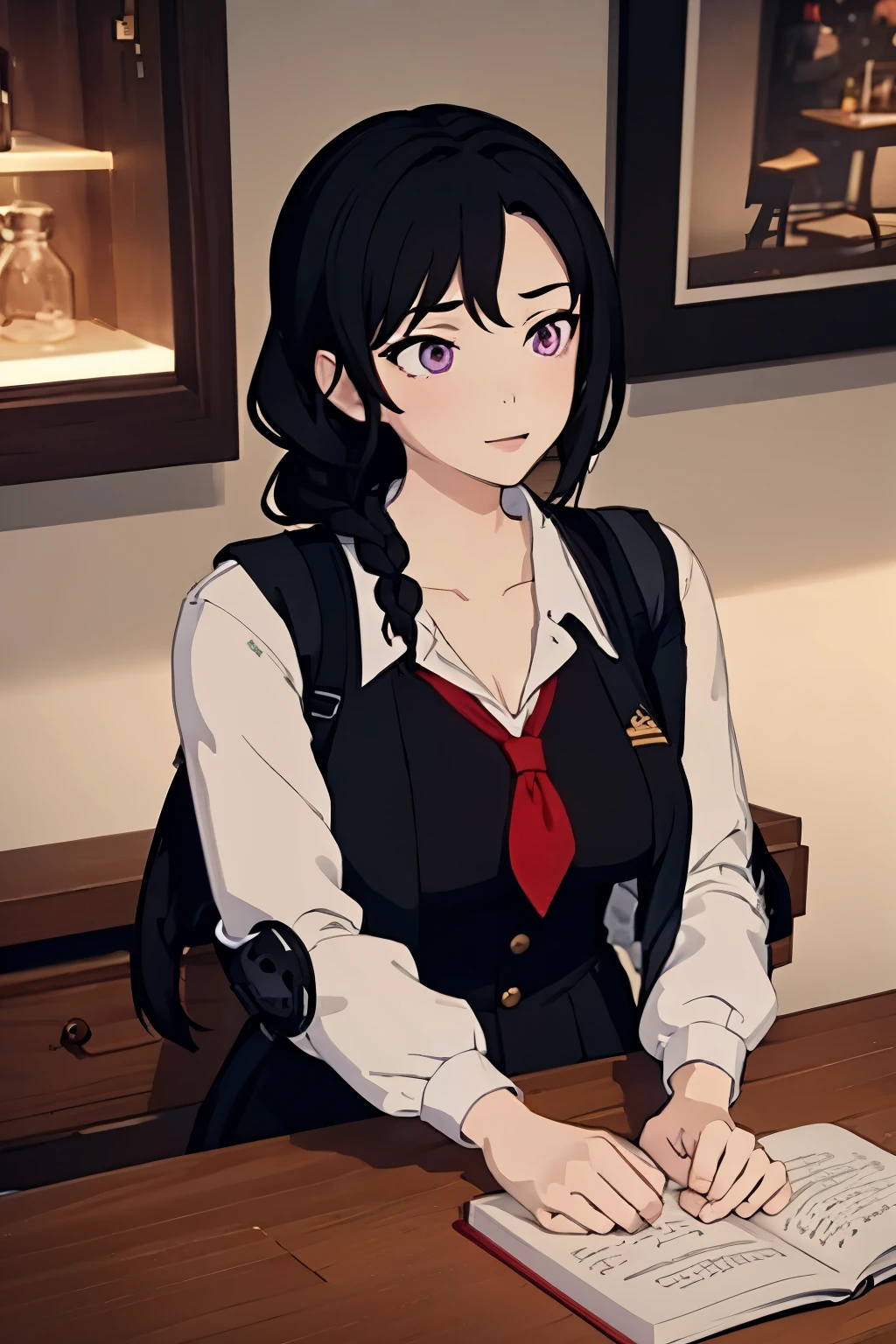 1024 X 1536, (masterpiece), maximum quality, 1girl, older woman, black hair, huge breasts, purple eyes, long braided hair, school girl,
