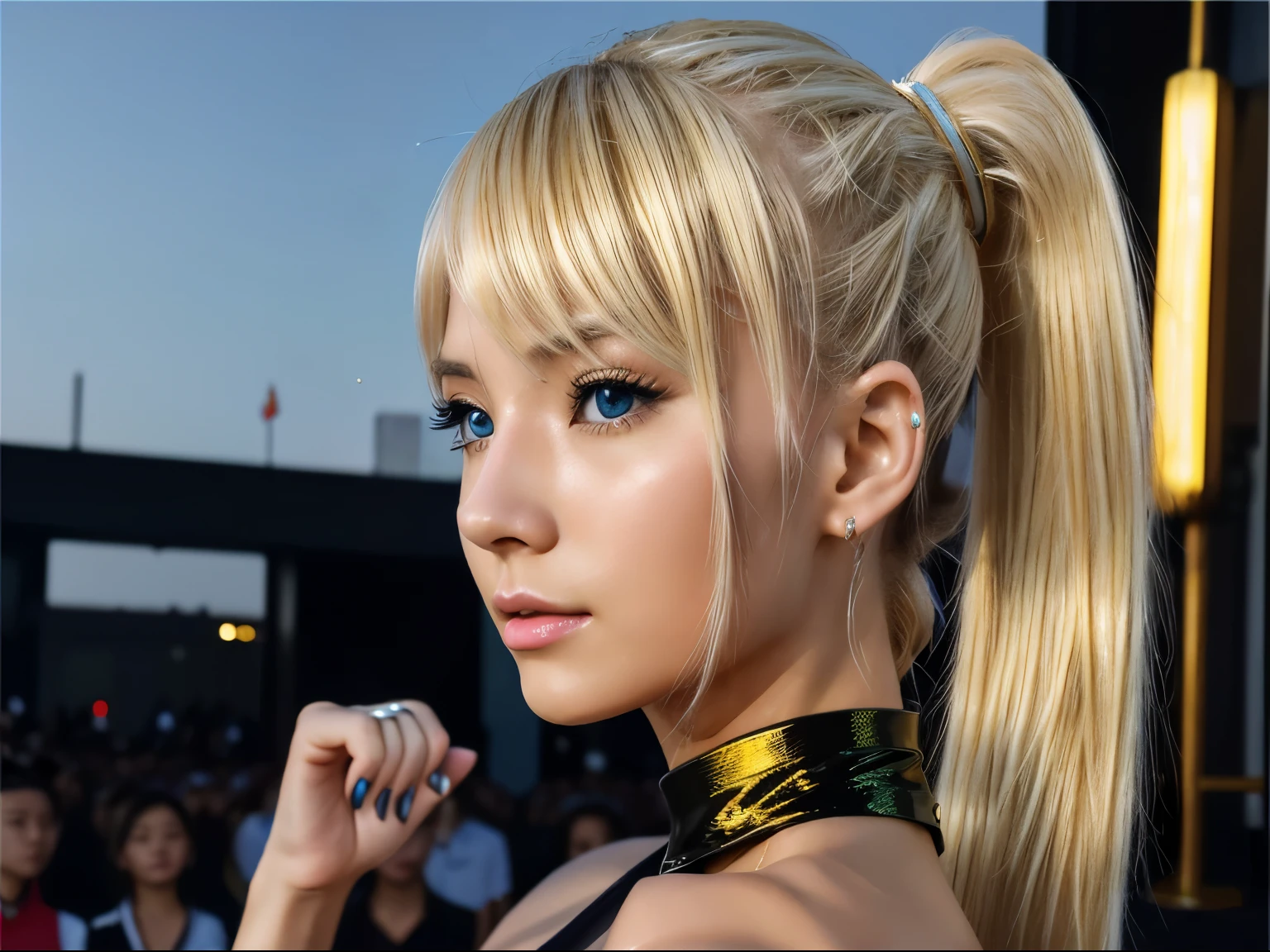 Color photos, medium shot, black skirt, prospect, ((Real photos of 30-year-old blond Chinese)), (cyber space_girly_V3:0.99), certainly, ((shiny skin)), looking at the audience, (plastic body: 1.0), high ponytail, Detailed description , masterpiece, high quality, realistic face, Very detailed,