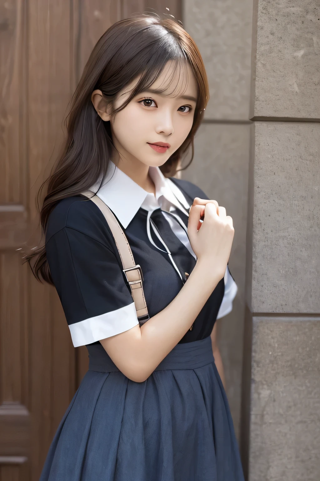 Masterpiece, highest quality, 8k, 16 years old, Japanese girl, forehead, raw photo, absurdity, award-winning portrait, smile, smile, solo, school uniform, summer uniform, idol face, violace, gardenia, delicate girl , long black hair, dark eyes, upper body, DSLR, looks at the viewer, candid, sophisticated, youthful, thin arms, professional lighting, film grain, chromatic aberration, (eye and face details: 1.0), (bokeh) Taste: 1.1)