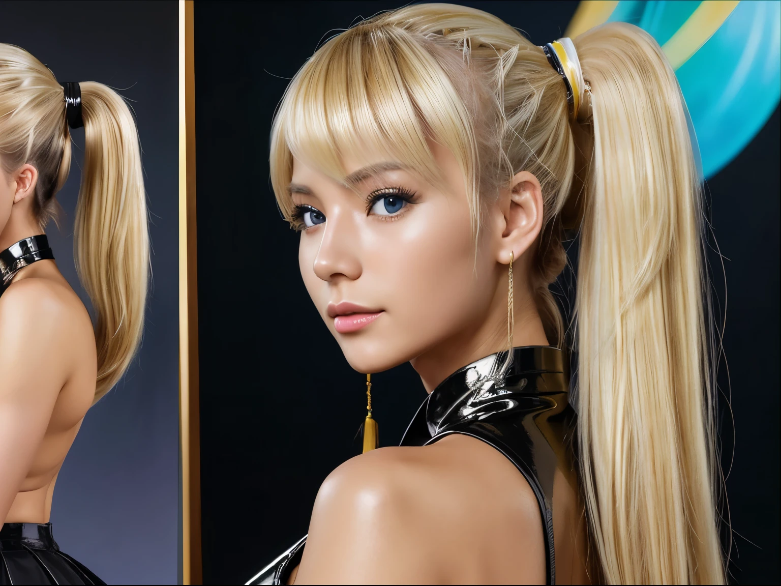 Color photos, medium shot, black skirt, prospect, ((Real photos of 30-year-old blond Chinese)), (cyber space_girly_V3:0.99), certainly, ((shiny skin)), looking at the audience, (plastic body: 1.0), high ponytail, Detailed description , masterpiece, high quality, realistic face, Very detailed,