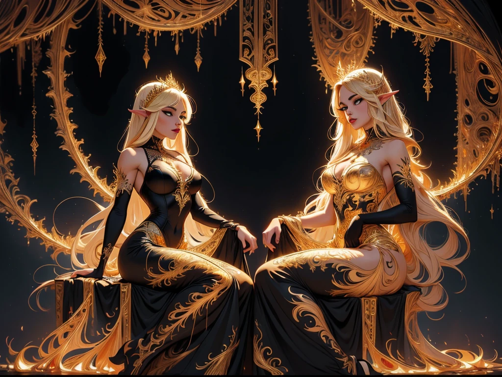 (masterpiece, top quality, best quality, official art, beautiful and aesthetic:1.2), (1girl:1.3), extreme detailed,(fractal art:1.3),colorful, highest detailed (golden lips, black eyes), (light painting :1.3), (auto-destructive art :1.3)Beautiful high elf woman with long blonde straight hair with bangs wearing tight rope lingerie made of gold, sitting on the edge from a royal bed.
(Muscular body),(tall woman),(Hourglass Figure)