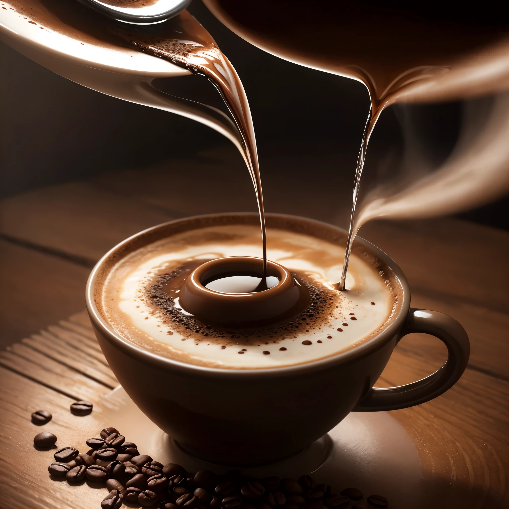 (stream of coffee,coffee splash,drops,table,coffee jet,coffee waterfall,cup,small spoon,close-up view:1.1),artistic rendering,abstract,highres,vibrant colors,warm tones,soft lighting
