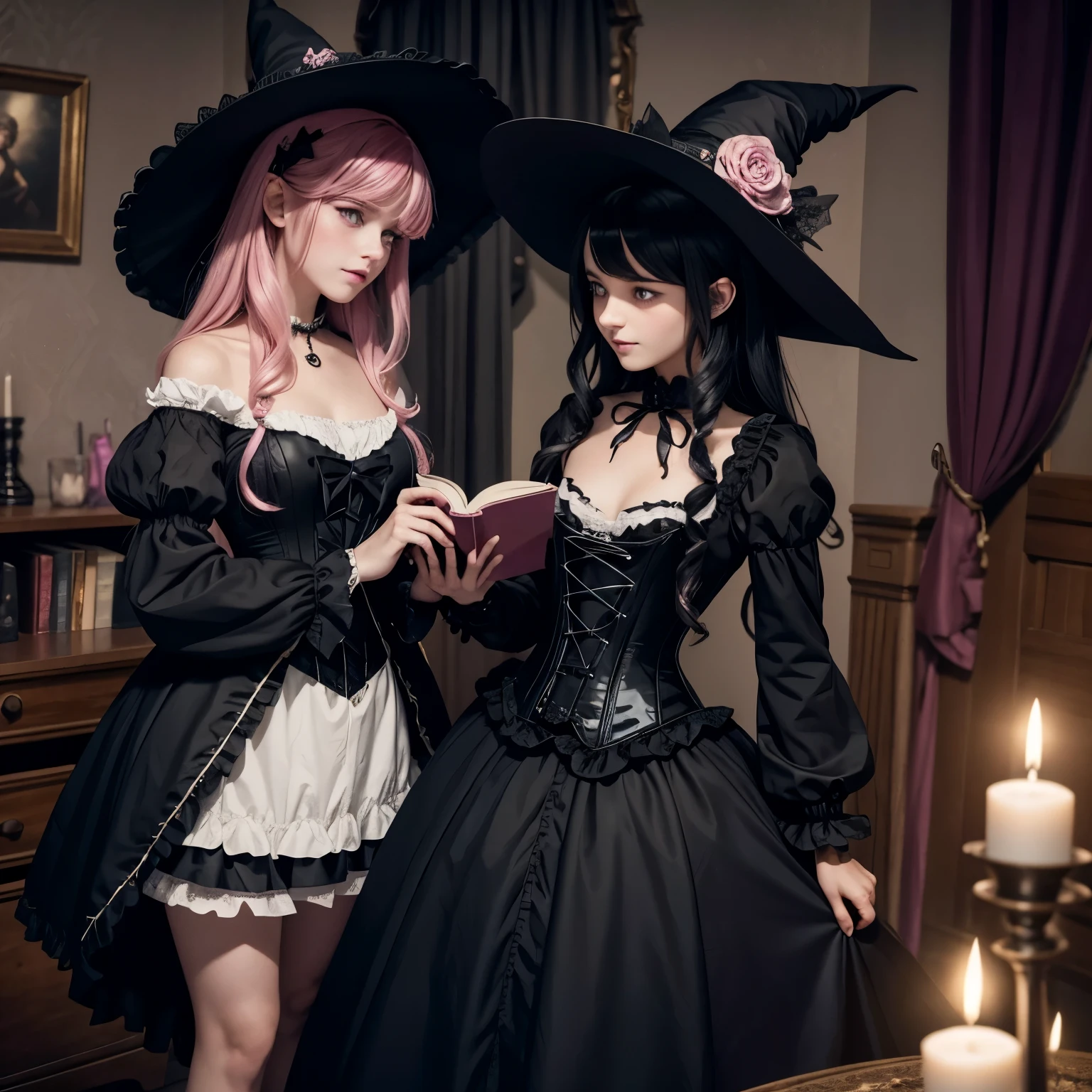 boy magically transformed into a cute girl by some witches, gender bending, sex change ritual, anime style, pink eyes, the new girl has long black hair with pink dye, is happy , effeminate face, dainty body, feminine mannerisms, small breast, the new girl is dressed in a simple nightgown excitingly looking at her new body, the witches are wearing fancy black Victorian dress with puffy sleeves, petticoat, bloomers, bodice, corset, pointy witch hat, striped stockings, high heels boots, floating magic book, glowing magical aura, witch covenant, standing in a bedroom surrounded by other witches, with gothic decorations, sisterhood, bokeh, masterpiece, highly detailed, 4K.