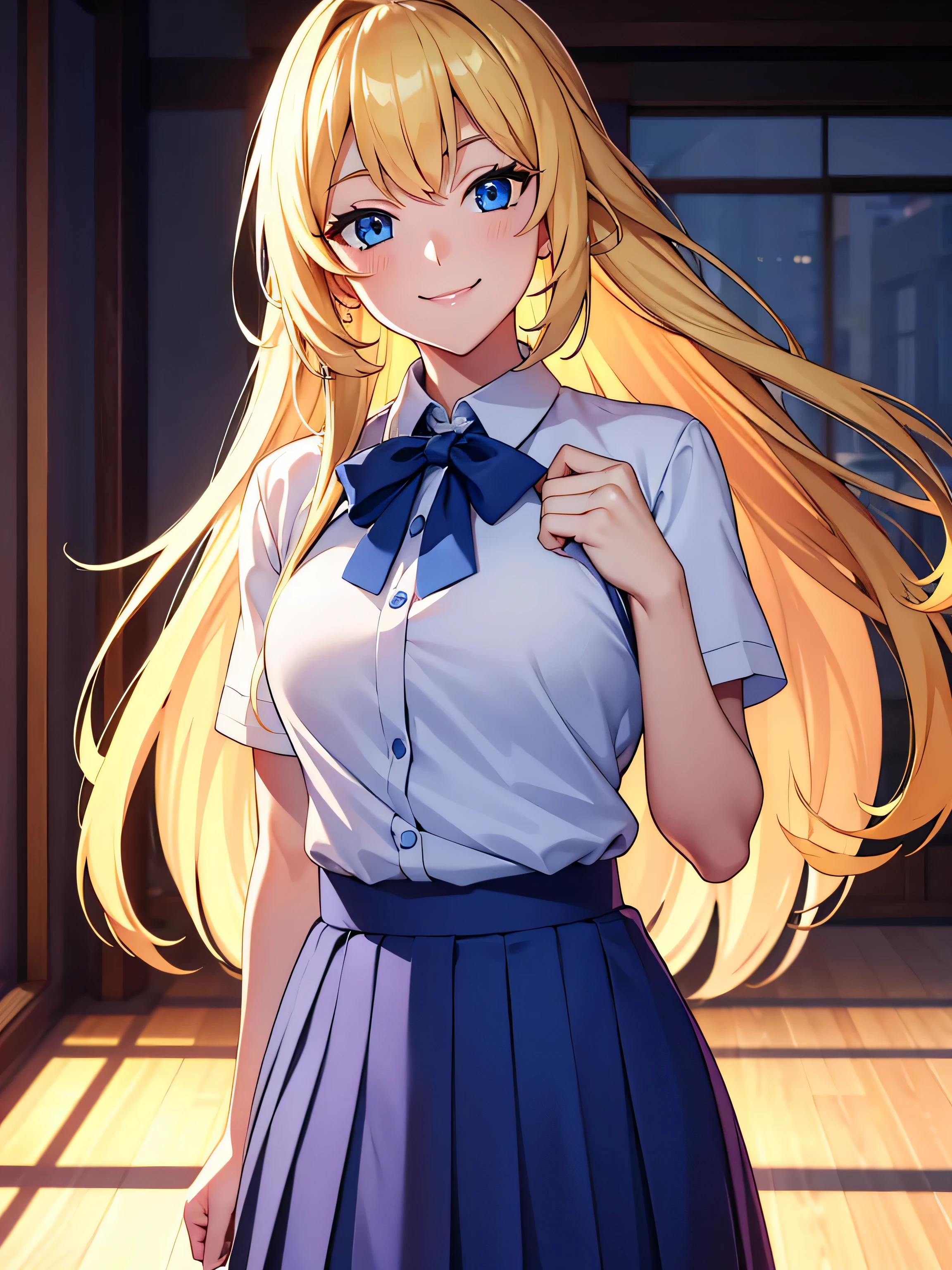 1 super beautiful girl smiling, Hand behind the back, largo cabello rubio hermoso, Ojos azules, wearing japanese high Escuela uniform, Escuela, high resolution, ultra-sharp, 8K , obra maestra , Mirando al espectador