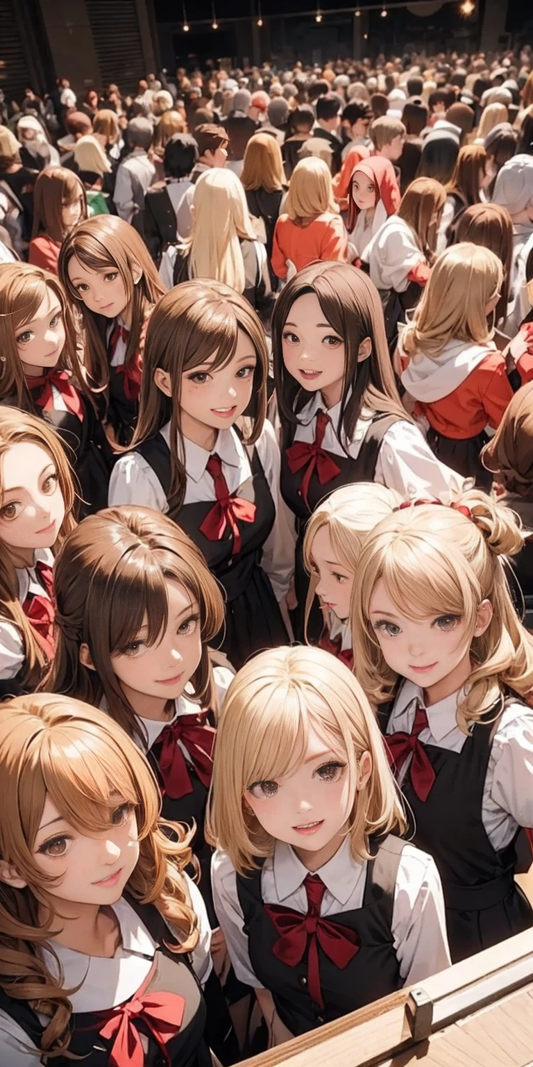perfect anime illustration, 100girls, all girls are sisters, sisters crowded together, sisters in background, matching hairstyles, brown hair, blonde hair, curly hair, matching hairstyle, hazel eyes, smilinatching outfits), highres, full body
