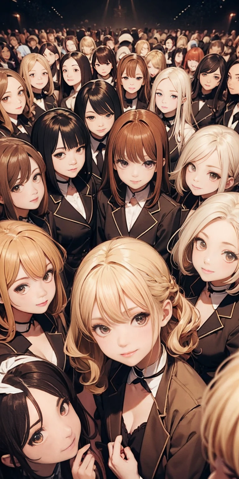 perfect anime illustration, 100girls, all girls are sisters, sisters crowded together, sisters in background, matching hairstyles, brown hair, blonde hair, curly hair, matching hairstyle, hazel eyes, smilinatching outfits), highres, full body