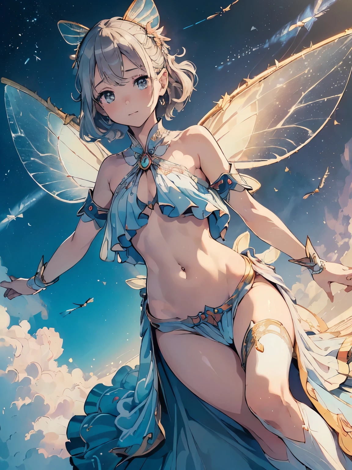 (masterpiece:1.3), (best quality:1.3), (ultra-detailed:1.3), (illustration:1.2), (an extremely delicate and beautiful:1.3),(Best quality, 8k, 32k, Masterpiece, UHD:1.2),Photo of Pretty girl,10yo,child,petite,(forehead hair,slicked back hair:1.2),(fly in the sky with fairy wings:1.8),(fairy wings:1.3),(zero gravity,fly in the sky:1.5),(fly in the sky:1.5) ,(altitude 100 meters,above the sky,fly,fly,fly,sky:1.9),top quality, , best quality, unity, 8k wallpaper, official art, extremely detailed wallpaper,,beautiful girl, (small), showing face,white short hair, brown, 8k, professional photography, delicate, clear, in the forest, sun, light leakage, masterpiece, (beautiful), (reality), smile, fantastic, (glide,fairy,Detailed, luxurious and beautiful dress,Navel exposed:1.5), young
