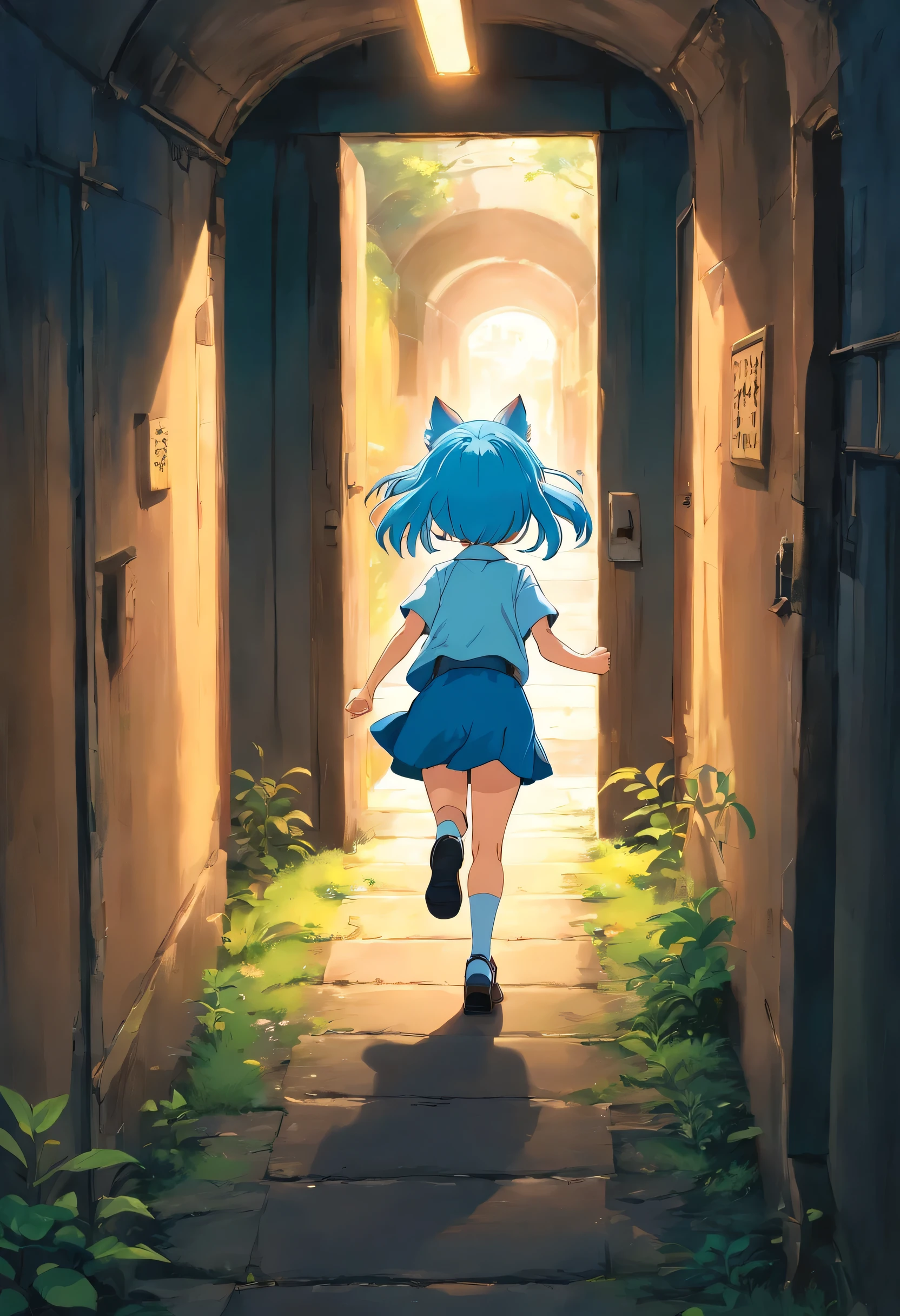 Soft anime illustration, horror lighting, medium body view, an anime kid running at the haunted house from a monster behind her, horror, monster, scary, bob cuts, sky blue hair, sky blue cat ears, sky blue eyes, li, kipetite body,hool uniform, (dark home tunnel:1.3)