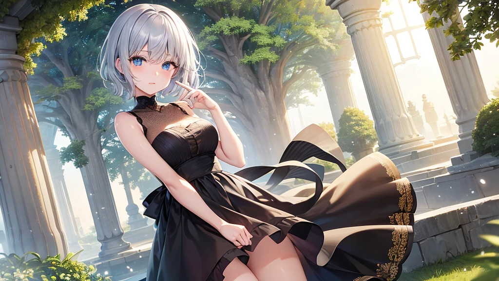 super high quality,look at the audience, place your hands behind your back, with a girl, 20-year-old, とてもshort hair, long bangs between the eyes, pale blue eyes , blue sky, sunlight, very detailed,(masterpiece、highest quality)、alone、gray hair、laughter、White skin as clear as snow、fantasy, silver hair, black eye, beautiful eyes,, ecstasy, attractive, be smitten with audience, short hair,blue sky , sunlight,fantasyな風景,looking down from above、Knight's clothing