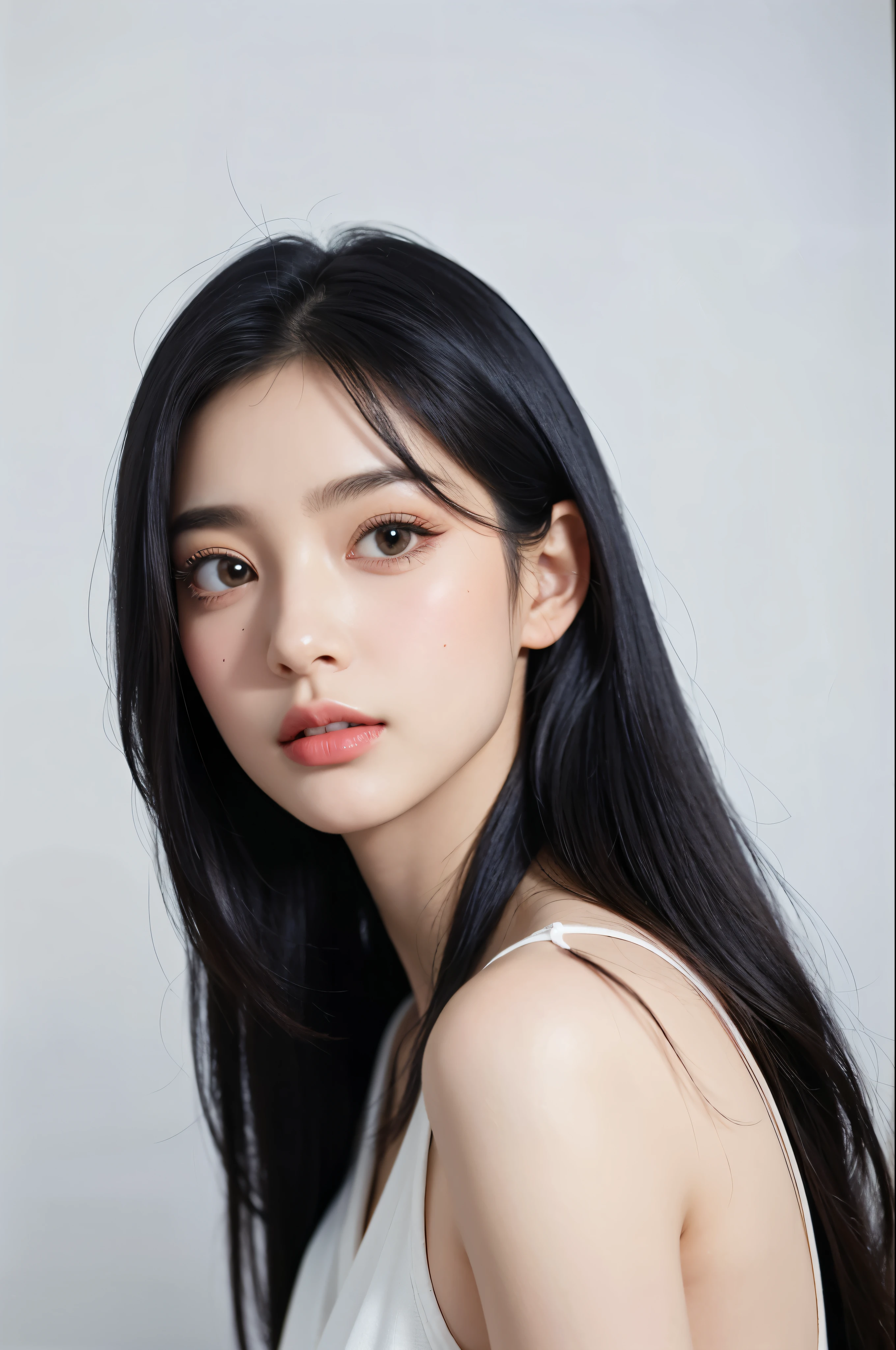 1girl,random outfit,white background,((very beautiful girl)), , ((long eyelashes)), half body