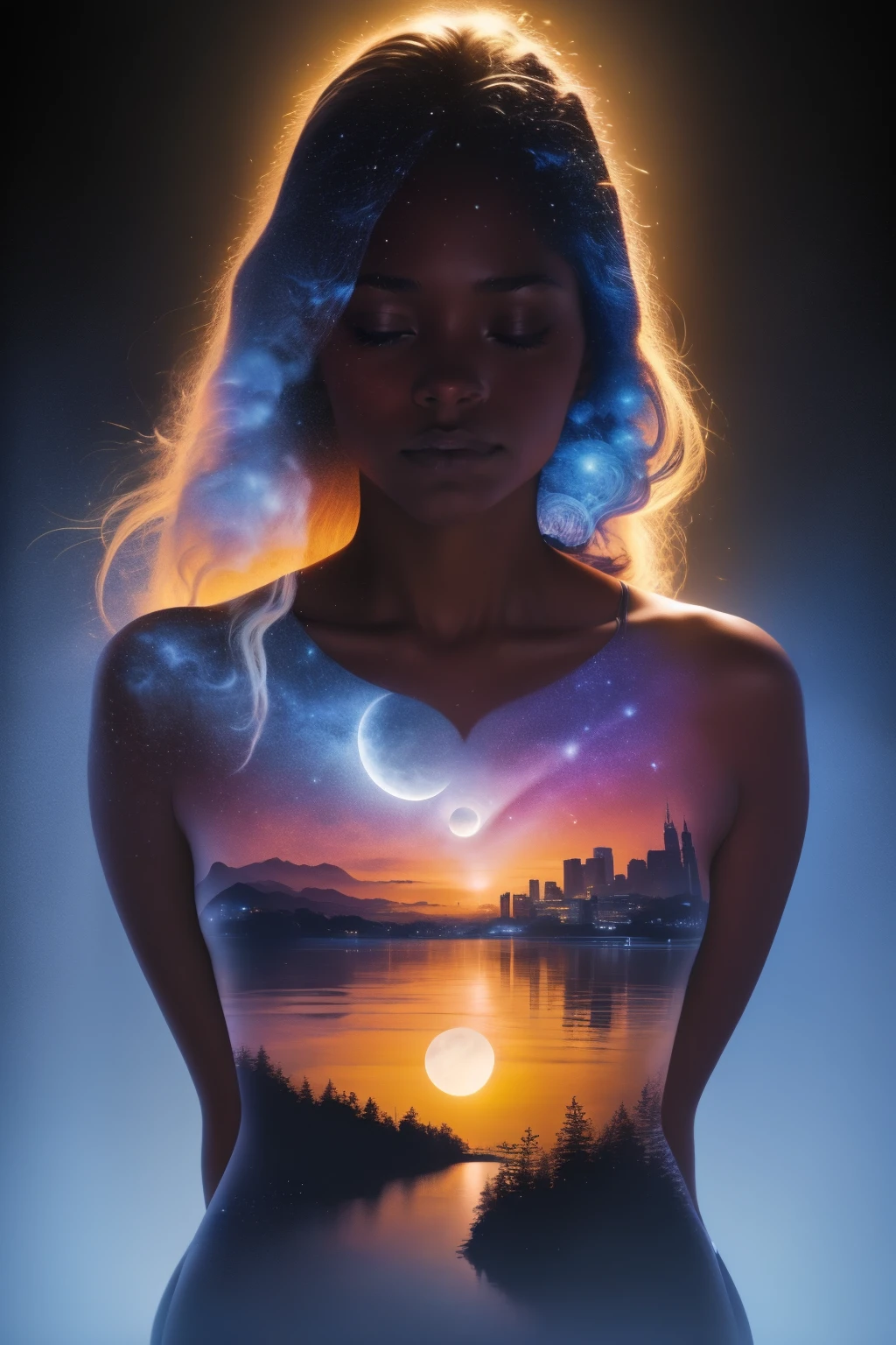 Photorealistic illustration of a Solo African American girl with dark skin ((a solo heart-shaped moon on her chest)), closed eyes, darken silhouette, heavenly city and starry night by Vincent Van Gogh, 
Bokeh, gradient black and blue color background, uhd, surreal, fractal, beautiful, high detailed masterpiece 