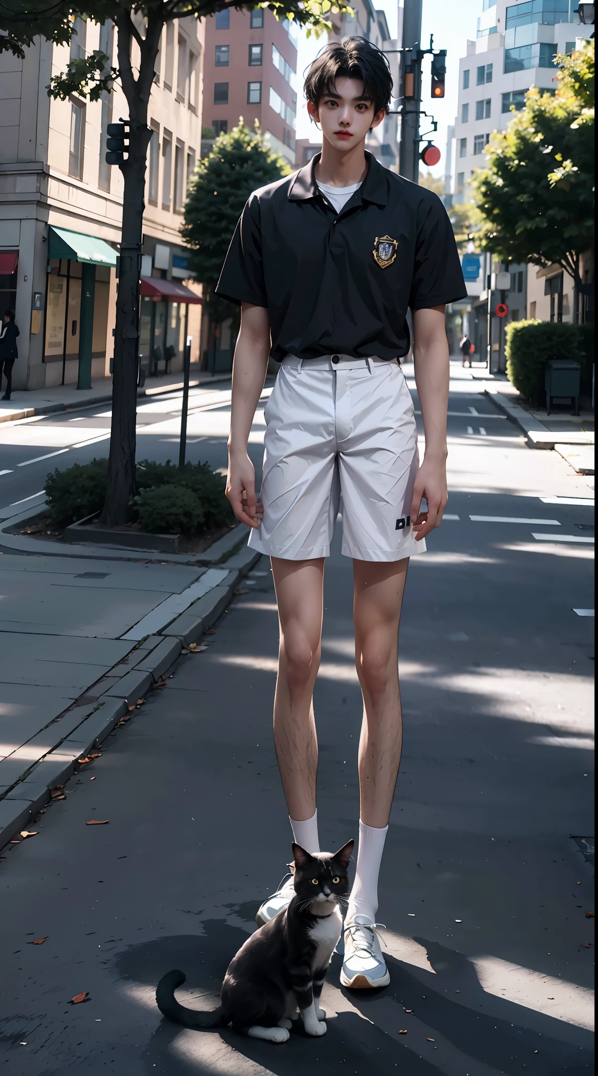 Two dimensions，on university campus，18 year old boy，front shot，super tall guy，broad shoulderuscular），bodybuilding，Physical Education Student，Leg length,2m height，boys school uniform，Casual shoes，gradient color，black hair，The face  delicate and delicate，Perfect facial features blush，happy，8k realistic style，A person stands under the tree，There  a lamp and a cat next to it，at midnight，on the street，masterpiece，best quality，Ray tracing