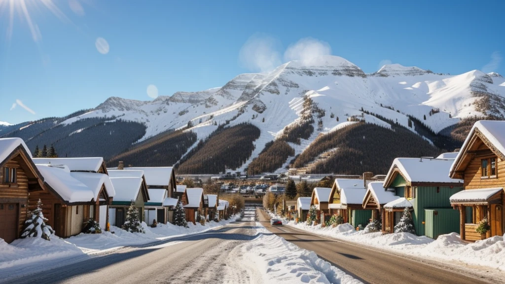 ultra realistic 4K landscape, with snowy mountains, several houses as if it were a village, on a main street where the end of the street is the view of a mountain with the snowy peak