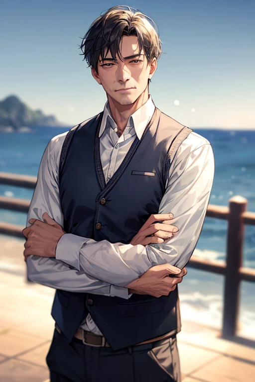 1 boy, mature middle-aged men, lower your head slightly，Vest, bow, best quality, employment, Looking rather melancholy，Detailed face, sea, 身后是一望无际的sea和轮船  详细背景, diffuse sunlight, depth of field, Bokeh