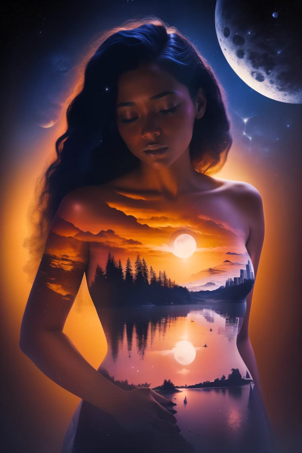 Photorealistic illustration of a Solo African American girl with dark skin ((a solo heart-shaped moon on her chest)), closed eyes, darken silhouette, heavenly city and starry night by Vincent Van Gogh, 
Bokeh, gradient black and blue color background, uhd, surreal, fractal, beautiful, high detailed masterpiece 