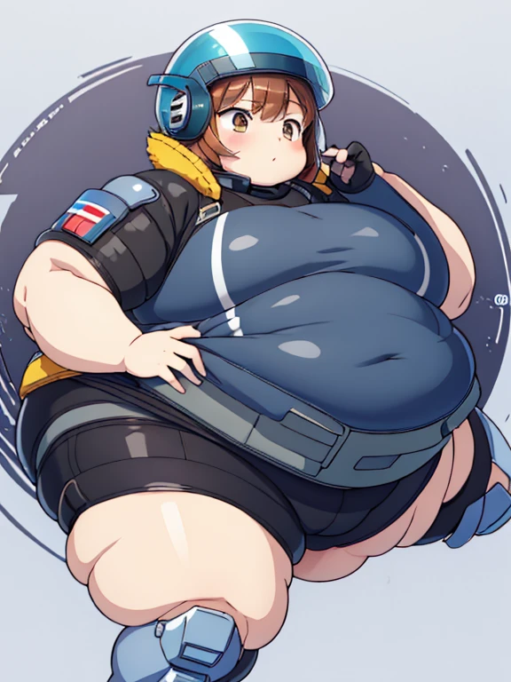Massively Obese tank girl girl, fat rolls, body armor, short hair, brown eyes, (bodysuit):1.3, obese belly, pudgy, immobile, blob, (helmet):1.3, extremely chubby, BREAK plain white flat background,