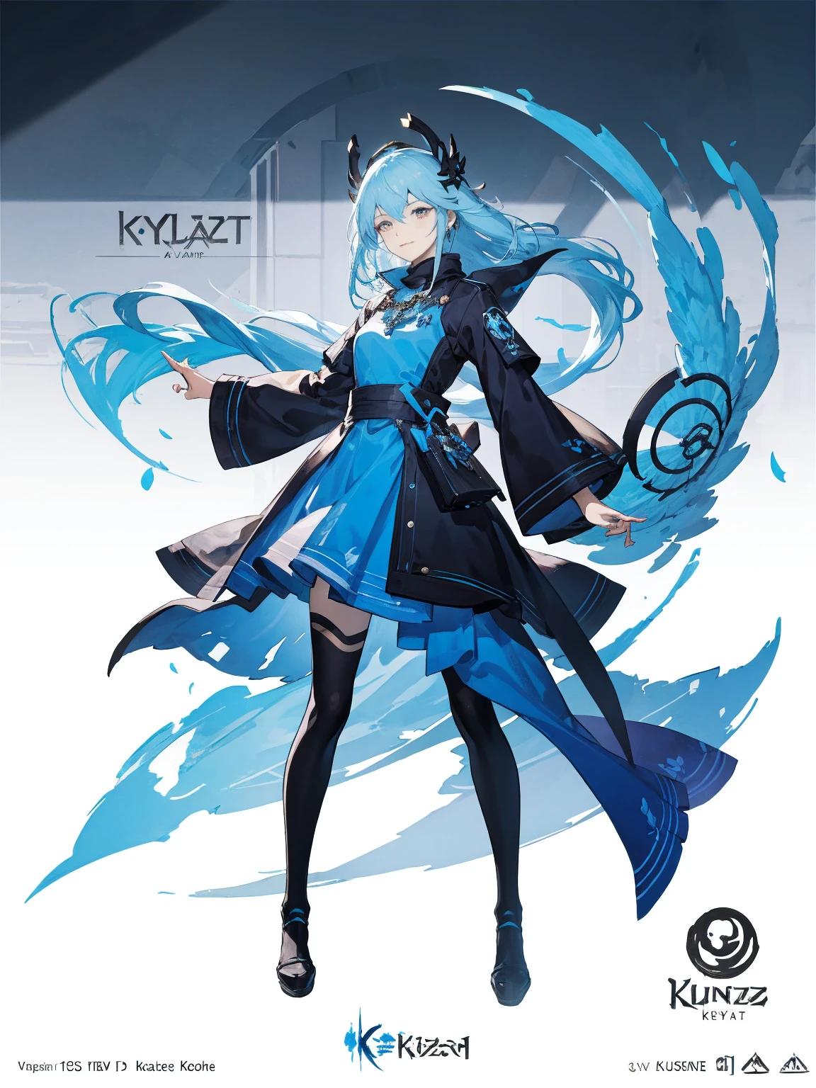 masterpiece,best quality, high quality, high details,Anime - The style image of a woman wearing a blue dress and white feathers, in the style of Blue Lane, from the video game "Blue Lane", the characters in "Blue Lane", Kushat Krenz Key Art Women, full body cyberfunctional style, 8 k character details, official character art,