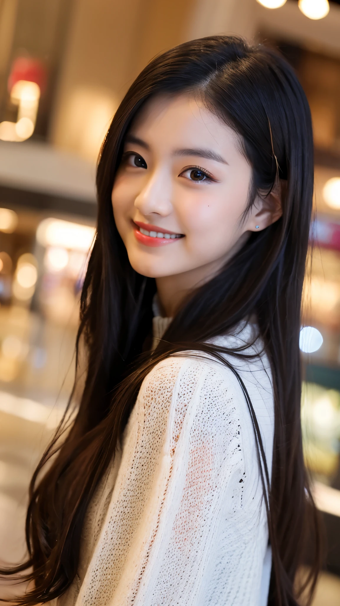 highest quality, masterpiece, ultra high resolution, realistic, beautiful girl, Shopping in high-end celebrity-style malls, Slightly blurred face, black hair, double eyelid, smile, white skin, Bokeh