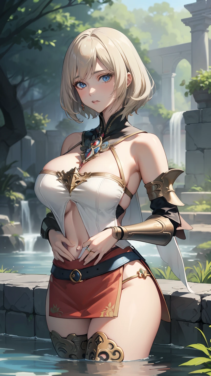 (golden ratio,muste piece, top quality, best quality, beautiful and aesthetic:1.2), very detailed, colorful,best details, (adult,19 years old,1 girl, solo, Final Fantasy 12,Ashelia, short hair, short hair,Asheliaコスチューム, huge boobs, mini skirt,thigh high boots, thighs, jewelry,Contemptuous look,Eyes like looking at garbage, ,scantly clad female knight, long flowing white hair, mature woman, milf, sexy, seductive, alluring, erotic, nsfw, Micro thong, masterpiece, sketch, [[soft watercolour painting]], ancient ruins, moss, nature, shallow water, looking at viewer teasing you with her breasts, anime, detailed face, detailed eyes, detailed face, ultra detailed, ((anime)), cowboy shot,high kick
