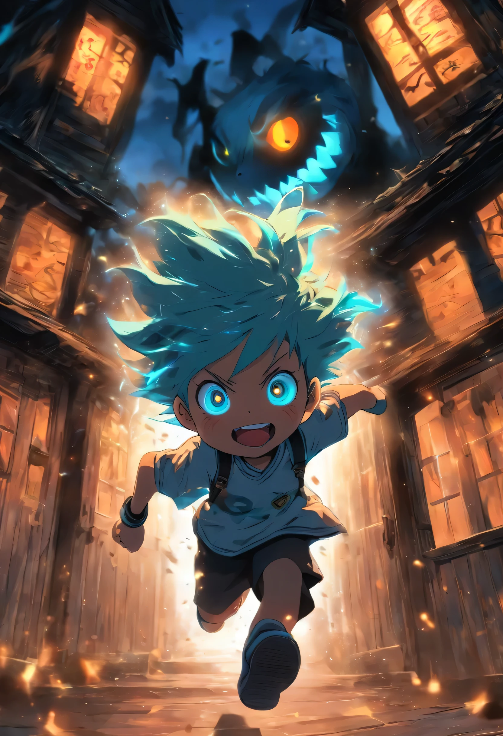 Soft anime illustration, horror lighting, medium body view, ((an anime kid running at the haunted house from the scary monster behind her in the darkness)), baby face, highly detailed eyes, highly detailed face, shocked face, bob cuts, sky blue hair, sky blue cat ears, sky blue eyes, loli, ???, child, petite body, school uniform, (haunted house:1.3)