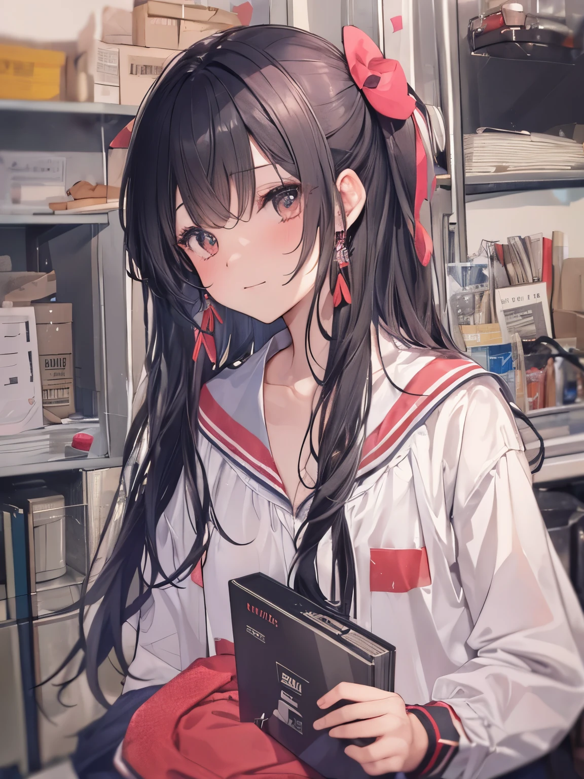 top-quality、masutepiece、2 Masterpiece Girls、red blush、Red cheekine makeup、Yandere Imageormal attire in black、dark circles under the eyes、cabelos preto e longos、《Nice and clean room.》