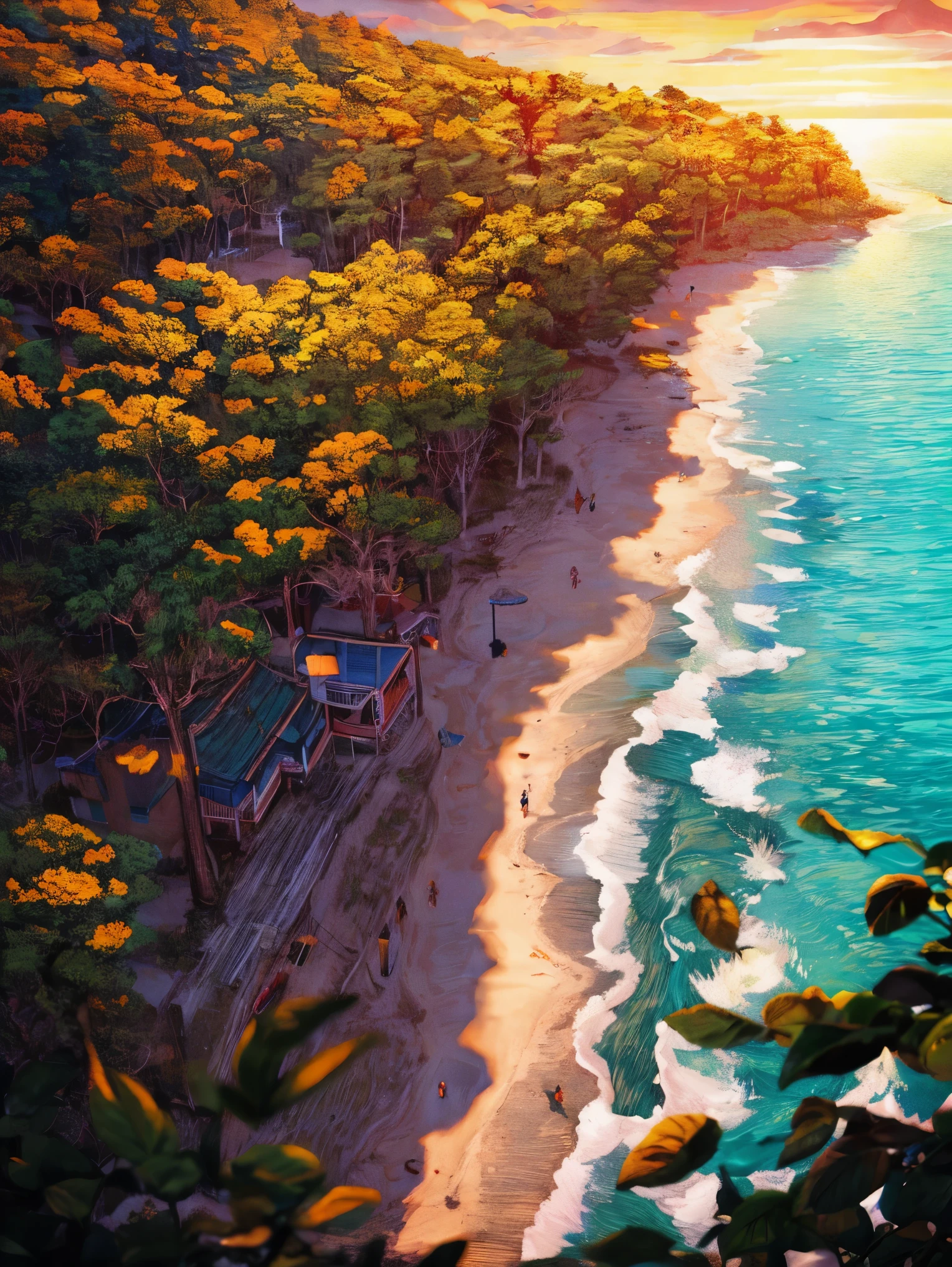 "Image: A paradisiacal beach with crystal clear waters and white sand, cercada por palmeiras. Ao fundo, a vibrant sunset with shades of orange, rosa e roxo. No centro da imagem, a pair of headphones with a cable extending to the horizon, symbolizing the sound journey to paradise. Feel the peace and quiet of this relaxing music as you escape stress and connect with the serenity of nature.”