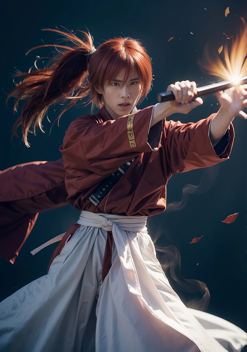 Design amazing postereatures kenshin as the protagonist "Rurouni Kenshin" In the heat of the moment. Capture the essence of his burning determination and indomitable spirit. For he unleashed his anger. Action with a straight sword in hand, Keep it short, Bold, And strongly convey the raw power of Kenshin's anger. Long Hair, ponytail, Red Hair, cross sign in left cheek, High quality, photorealistic, 20-year-old man, holding a Katana in his hand, surrounded by fire. The man has a determined posture, He is wearing a red kimono with intricate patterns, paired with a white hakama .The lighting is realistic, emphasizing the intensity of the scene.