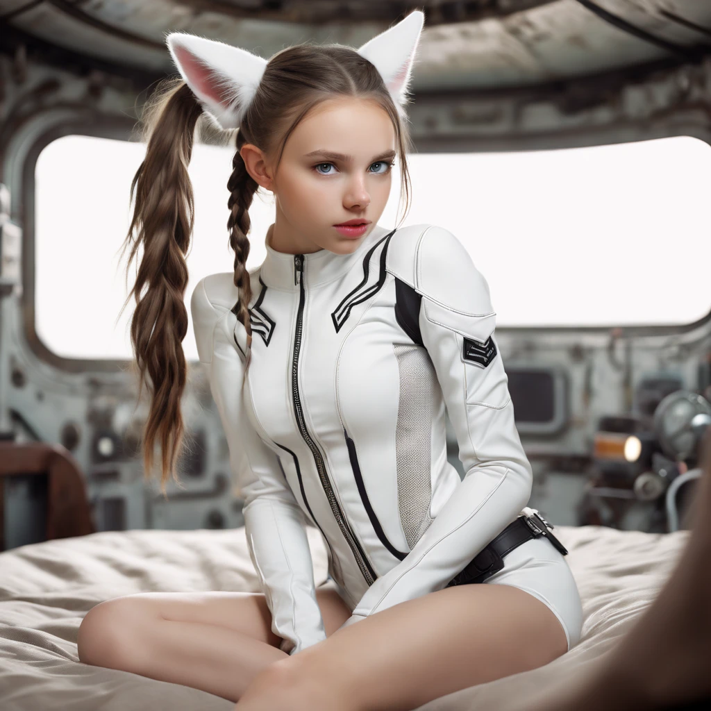 Young  girl,  (((White Race Western European girl ))), sitting on a bed,  in a cyberpunk steel bunker with hatches etc.,  in the background. she  wearing white cats ears. She has twintail hairstyle. 13 years old girl,  slim petite,  small girl,  beautiful breasts.  Masterpiece,  8k,  4k,  high resolution,  dslr,  ultra quality,  sharp focus,  tack sharp,  dof,  film grain,  Fujifilm XT3,  crystal clear,  8K UHD,  highly detailed eyes,  high detailed skin,  skin pores,  seductive,   look,  bewitching lady with beautiful long hair,  brown eyes,  full lips,  long legs,  lovely face wearing torn vaultsuit clothes. , realistic colors, realistic, natalee, photorealistic, (((WHITE race Western,GIRL)))