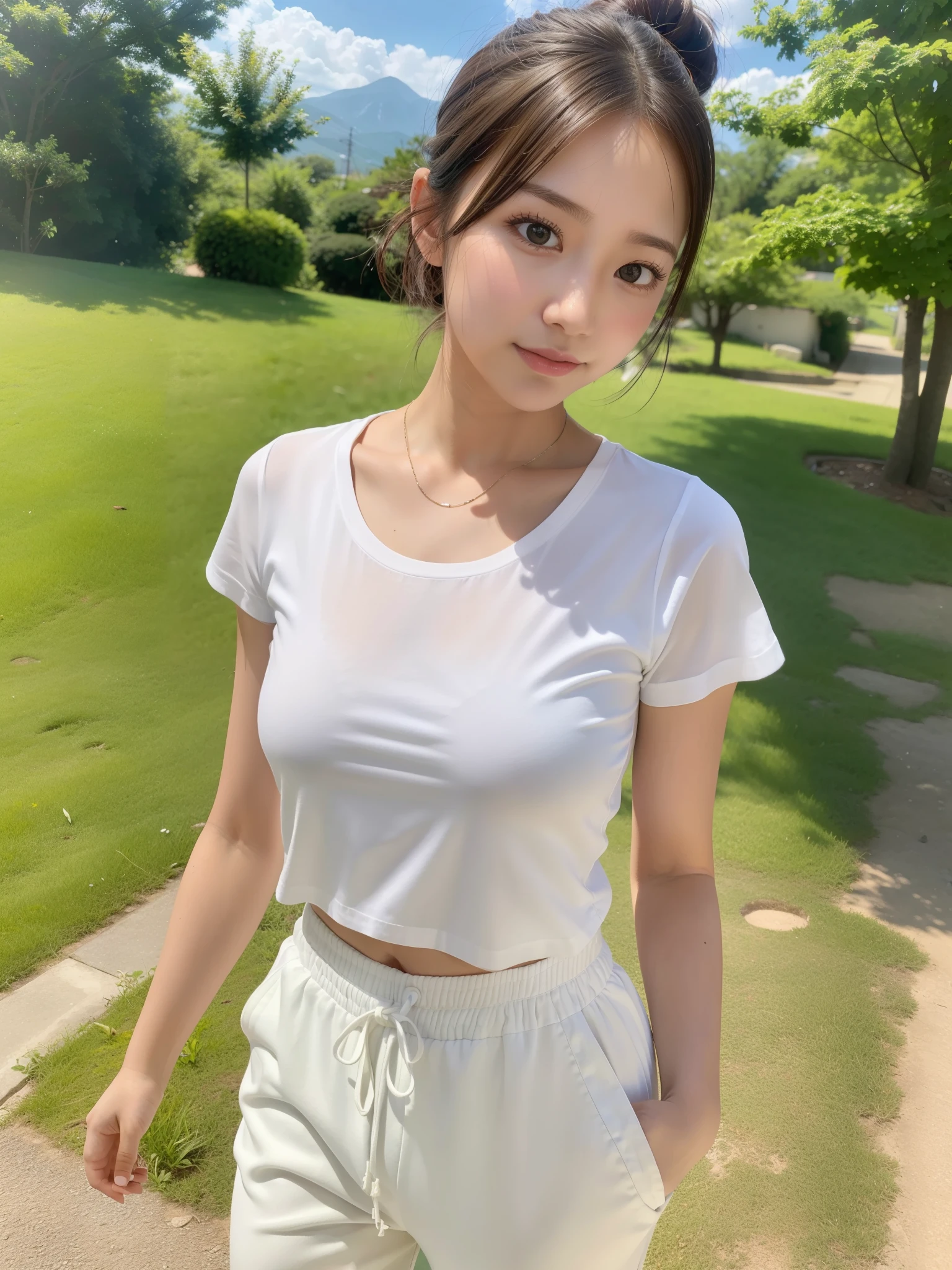 Ultra detailed, high resolution, (Real, Real: 1.4), 8K, (Top quality), Physically based rendering, Photorealistic photo, Professional color grading, Top quality, Running machine, Full body, Cropped t-shirt, Slim body, 24 year old female model, smiling, sweating She is smiling, sweating.